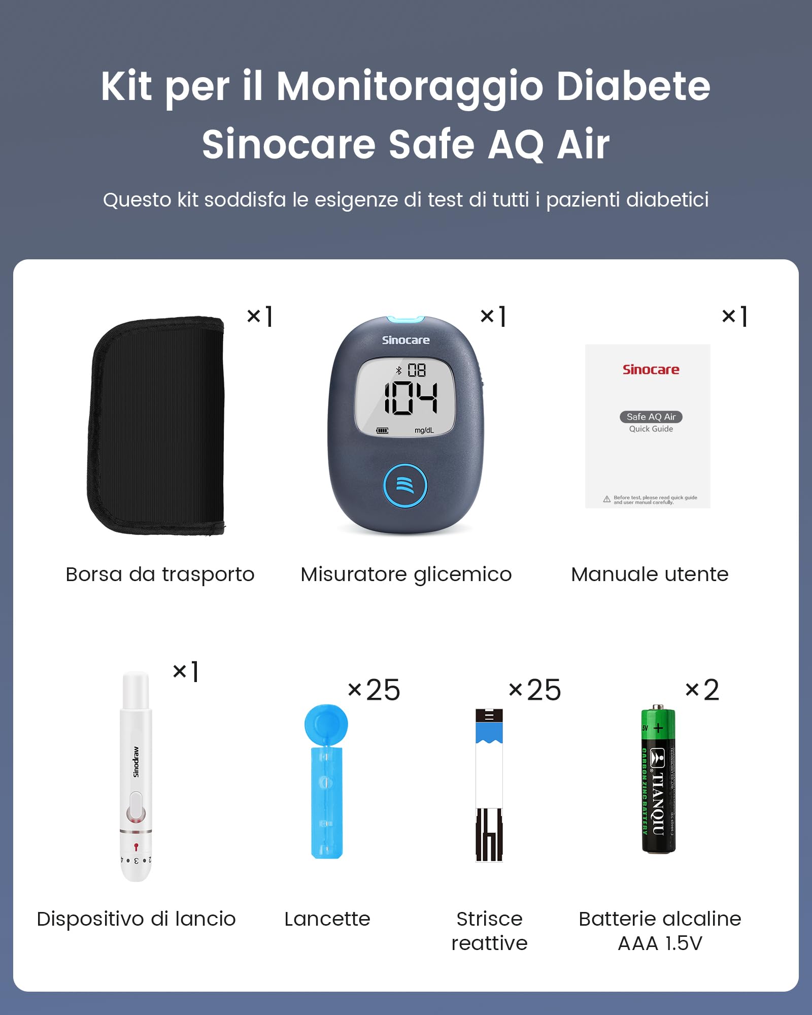 Sinocare Safe AQ Air Misuratore Glicemia Bluetooth, Glucometro con 25 strisce reattive e 25 lancette, Misuratore di Glicemia Bluetooth con App, 0,6 µL di sangue e risultati in 5 secondi