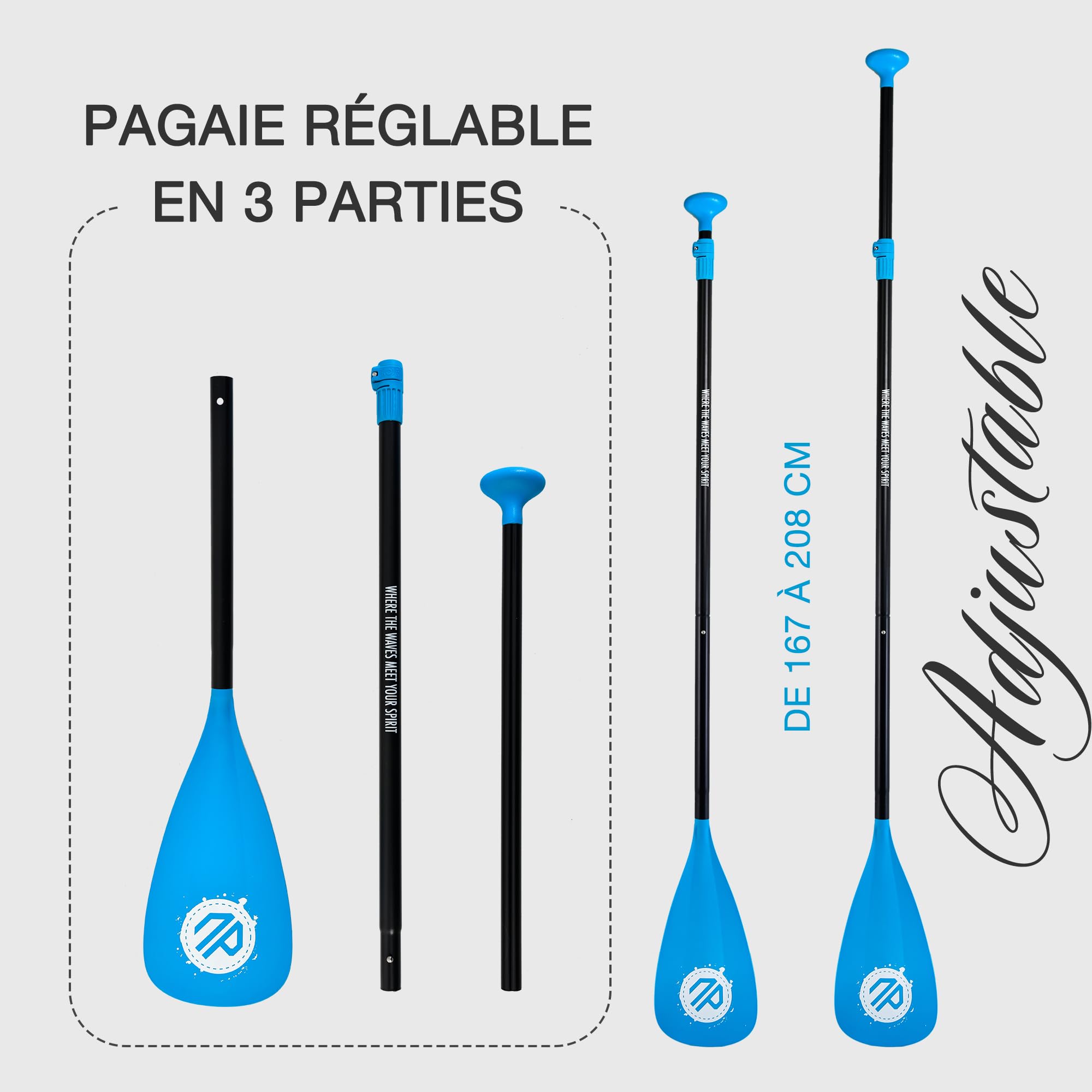 niphean Pagaie Sup Réglable en 3/4 Parties, Légère pour Paddle Board | Pagaie de Kayak Durable, Rame Détachable pour Paddle Board avec Manche en Alliage d'Aluminium et Pale en Fibre de Verre