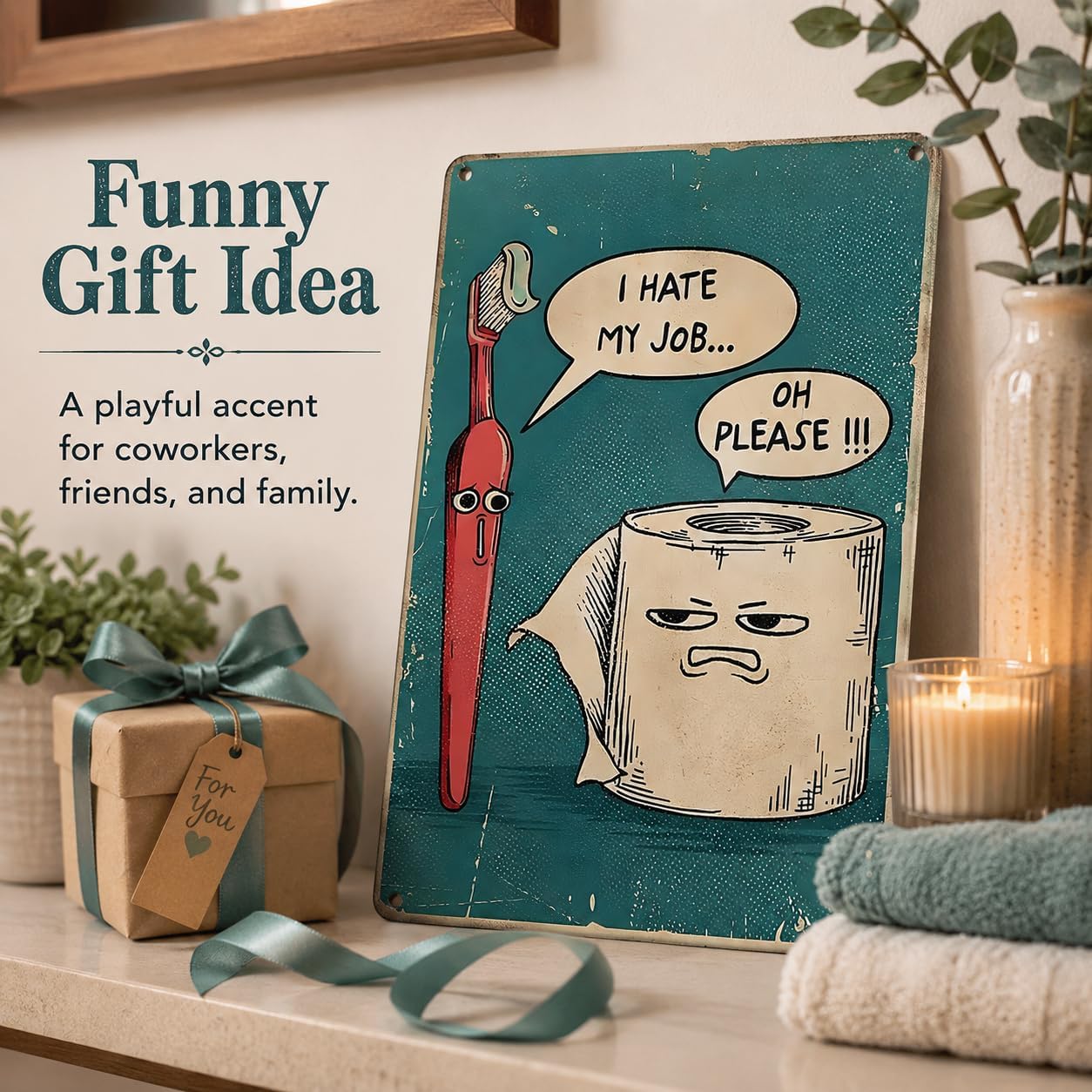 Funny Bathroom Metal Sign – “I Hate My Job, Oh Please” Retro Aluminum Wall Art for Restroom, Home, or Office – 8x12 Inch Humorous Decor