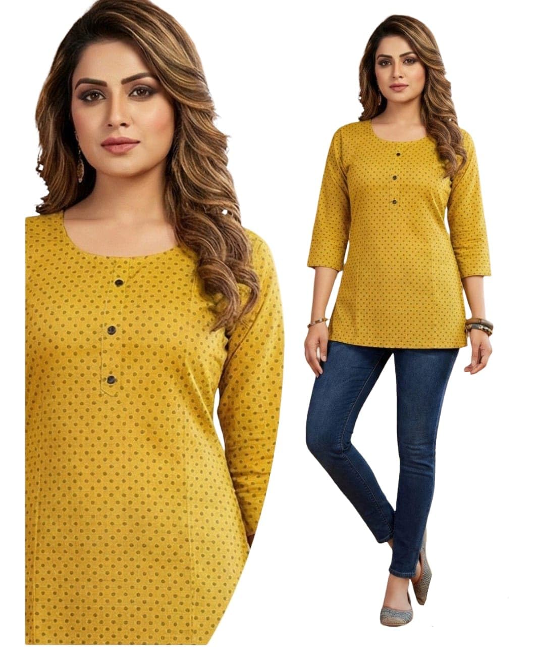 Women's Mustard Yellow Polka Dot Kurti Top, 3/4 Sleeve, Round Neck with Button Detail
