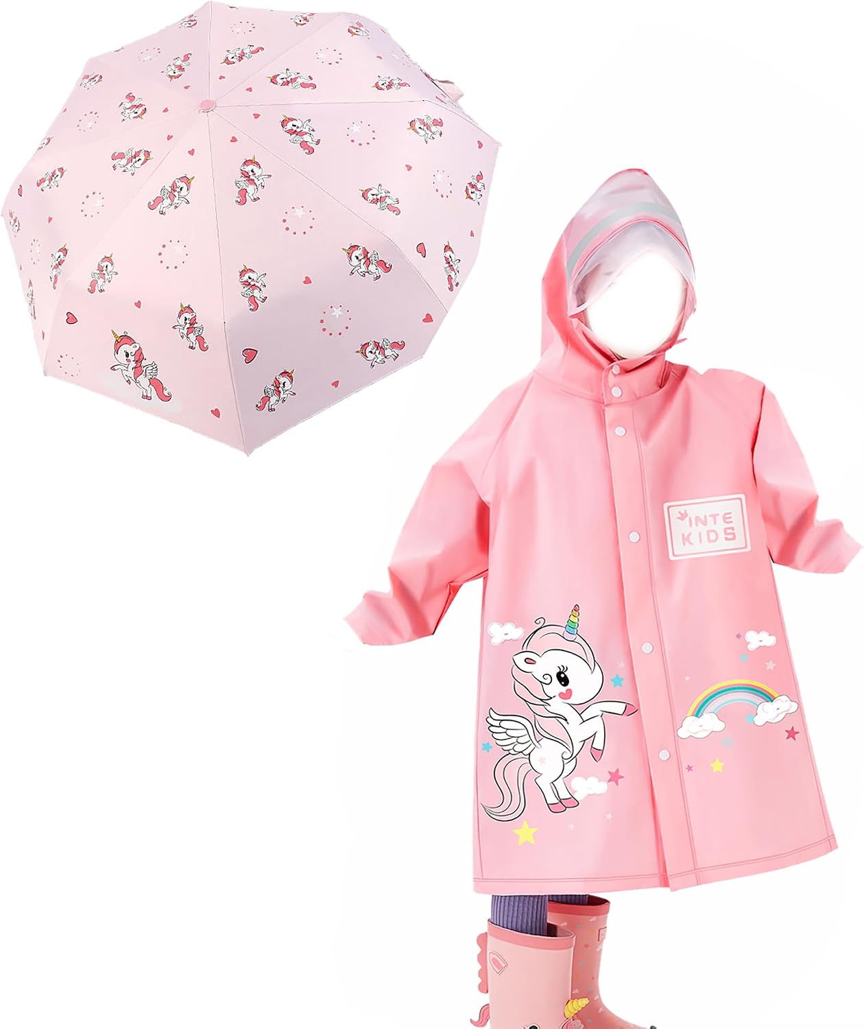 Kids Unicorn and Mermaid Folding Umbrella and Raincoat Set for Boys and Girls Ages 3-11