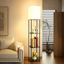 Black Wooden Floor Lamp with Shelves, 3 Layers Wooden Shelf Standing Light, Modern Reading Lamp for Bedroom, Living Room, Office, Home Decor Includes a Three-Color Light Bulb [Energy Class A+]