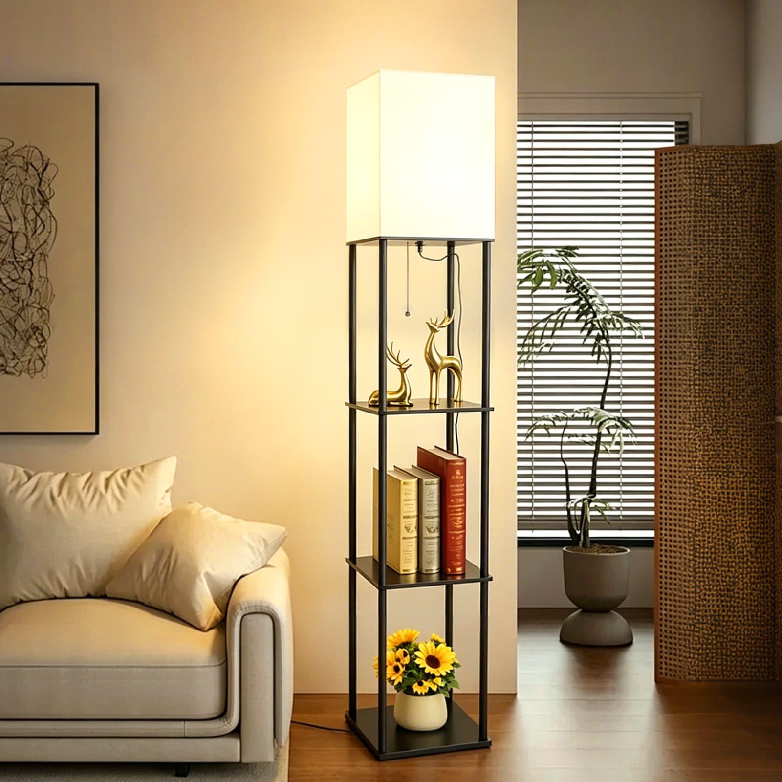 LLHONG Black Wooden Floor Lamp with Shelves, 3 Layers Wooden Shelf Standing Light, Modern Reading Lamp for Bedroom, Living Room, Office, Home Decor (Includes a Three-Color Light Bulb)
