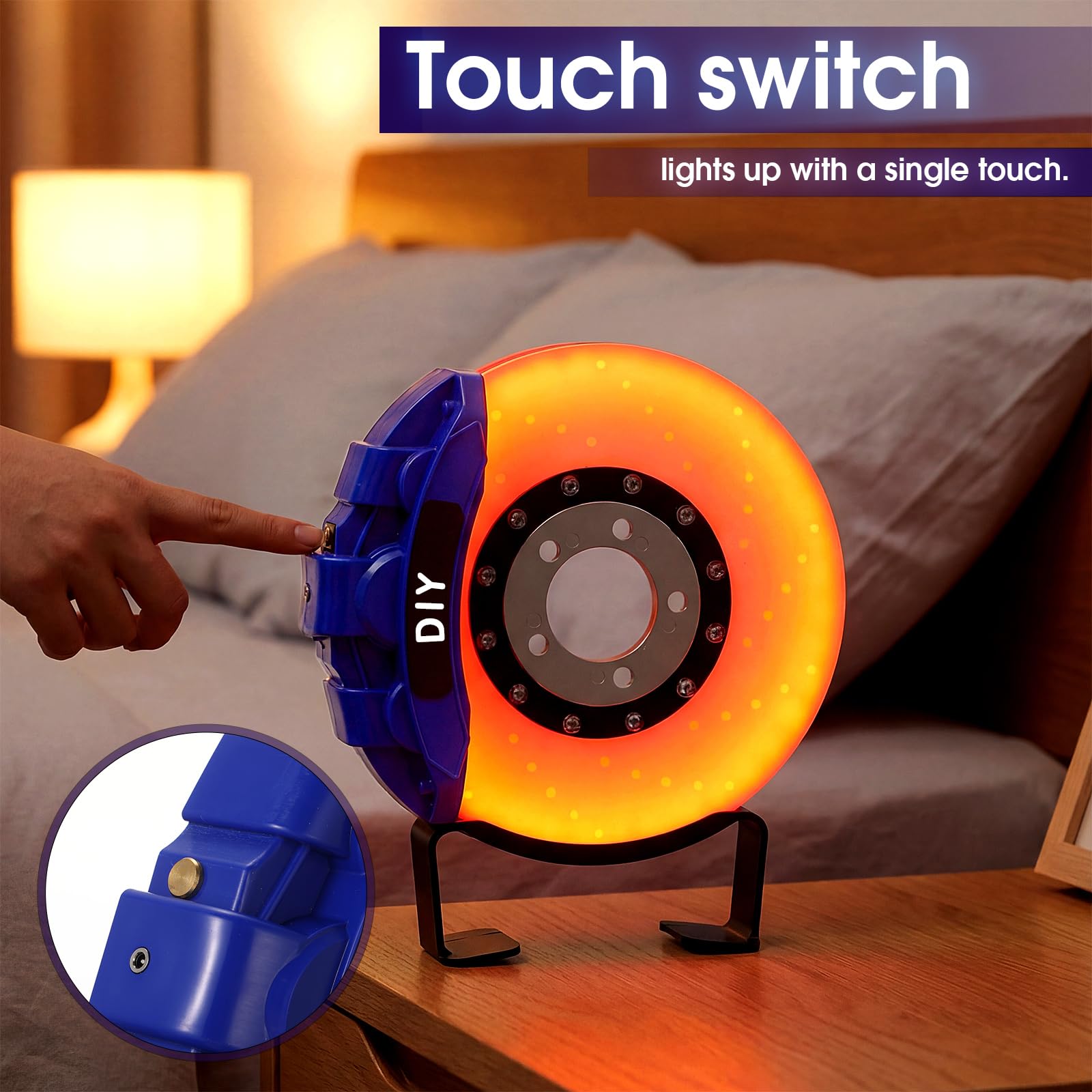 WILLBOND Brake Disc LED Lamp Cool Lamps for Men, Rechargeable Ambient Touch Night Light Unique Gifts for Him Dad Car Lover Fathers Day Birthday Holiday Room Office Home Decor(Blue - Orange Yellow)