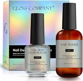 GLOSS Nail Dehydrator & Primer Set | 2 Pcs 15 ml Each Acid, Free Nail Dehydrator & Quick Dry Nail Primer, Perfect PH Balance Gel Nail Polish for Gel & Acrylic Nails, Manicure Gifts for Girls