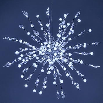 Wintergreen Lighting 12" Silver LED Star Burst Light Ball with Leaves - Christmas Light Balls - Wedding Decorations for Party 18", Silver Branches with Leaves/Cool White Lights
