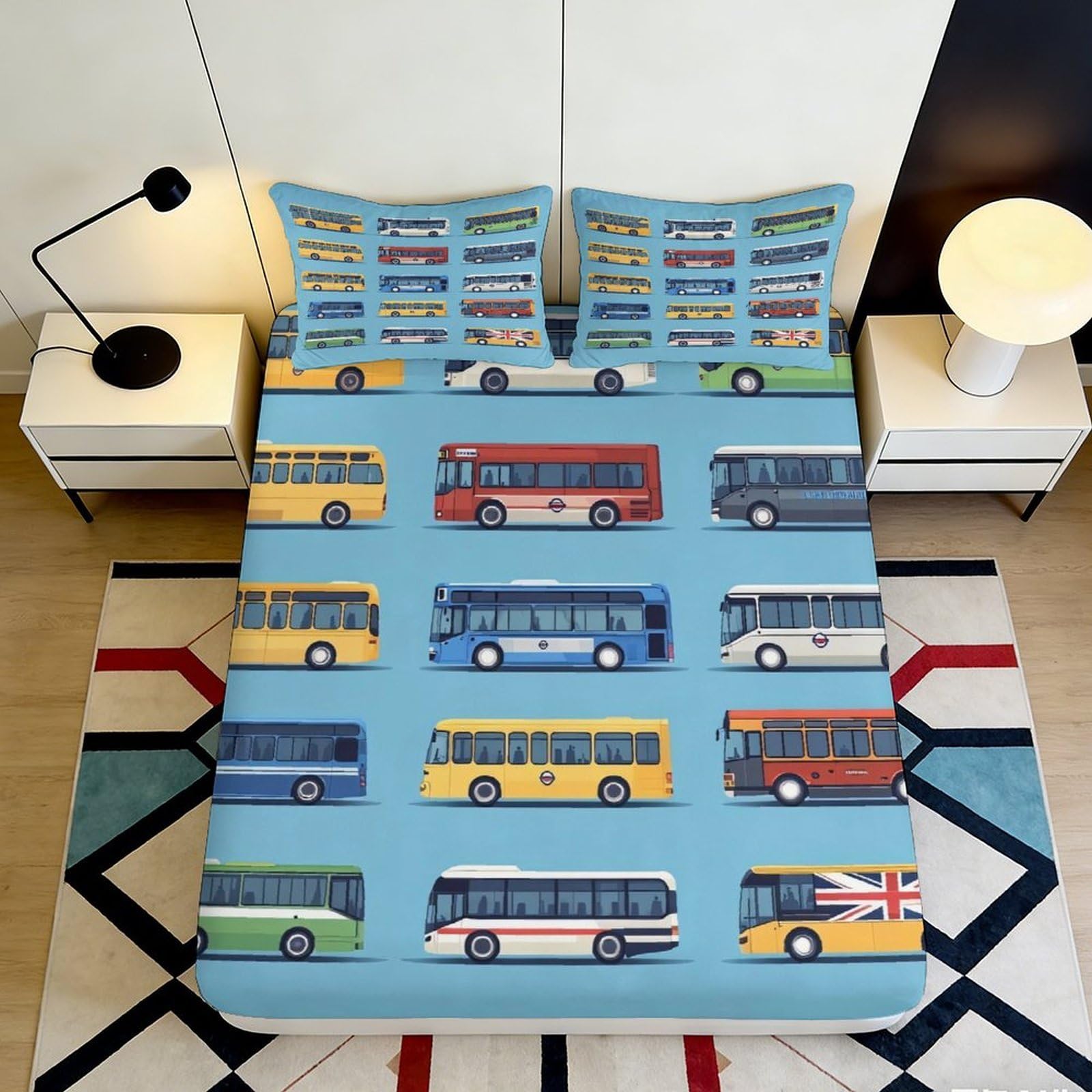 3D Printed Bus Pattern Fitted Sheet Microfiber Deep Pocket Non-Slip Bedroom Bedding Bus Mattress Fitted Cover Washable Full Wrap 200x200x25cm 90x200x25cm