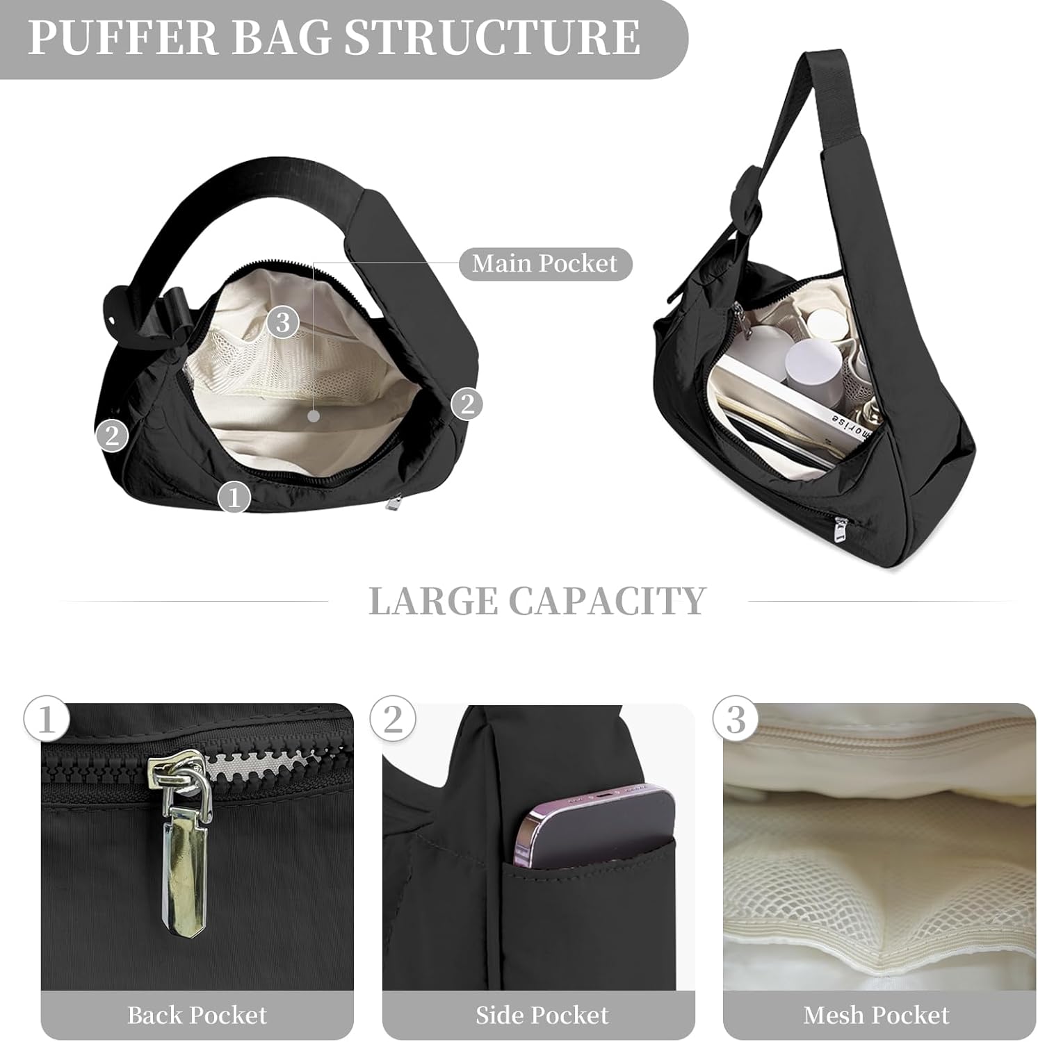 Small Crescent Shoulder Bag for Women Nylon Puffer Quilted Purses Casual Handbags Puffy Bag with Adjustable Strap - Image 4