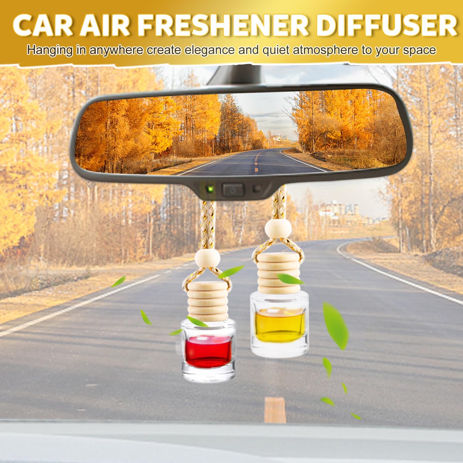 100 Pcs 8ml Hanging Car Air Freshener,Empty Clear Glass Essential Oil Diffuser Perfume Aromatherapy Pendant Bottle Vials Ornament Decor with Wooden Caps & Hanging String-Cylindrical Shape