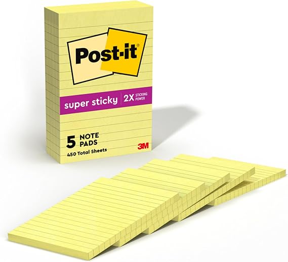 Post-it Super Sticky Lined Notes, 5 Sticky Note Pads, 4 x 6 in., School Supplies for Students, Ideal for Textbooks, Notebooks, Walls and Vertical Surfaces, Canary Yellow