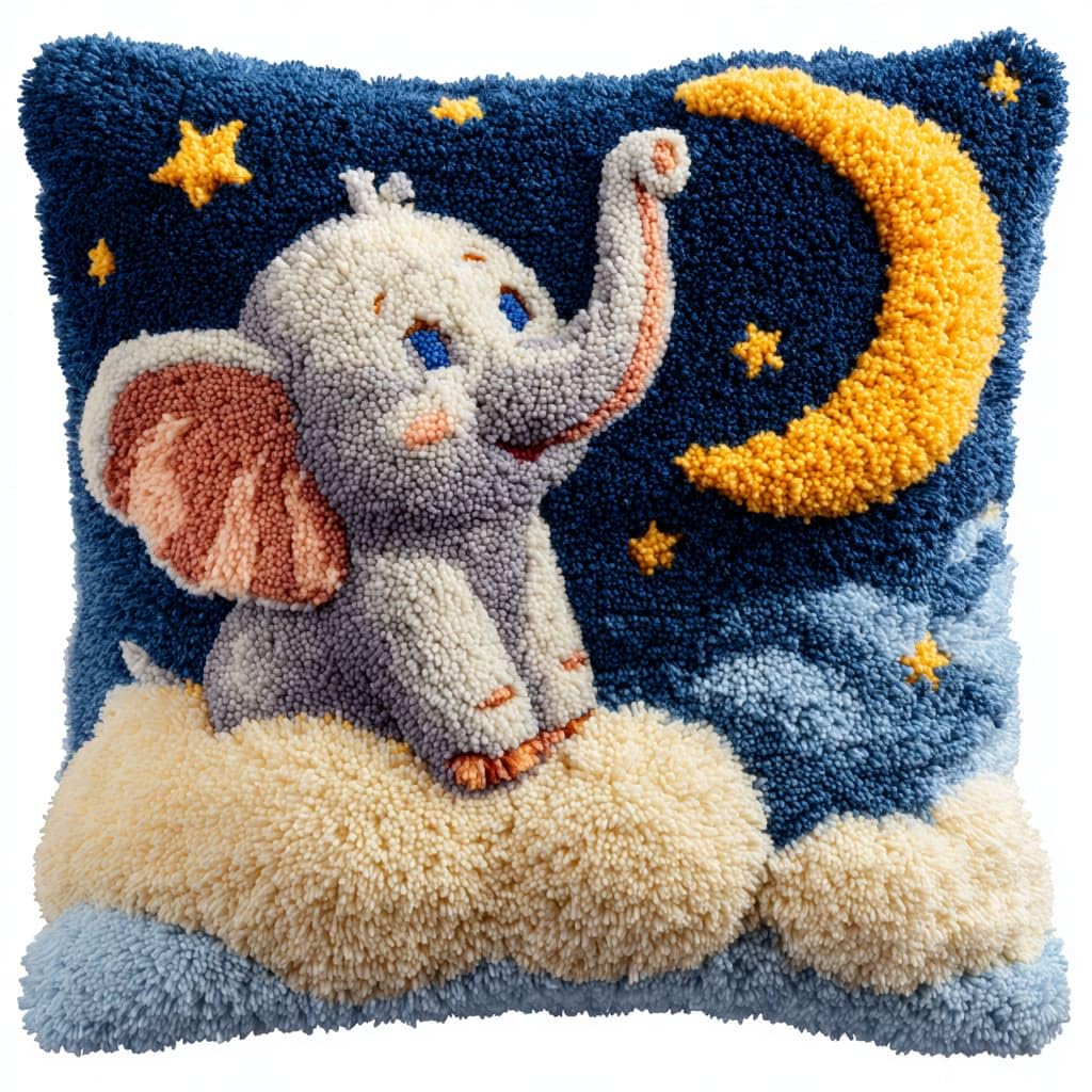 Taxpy DIY Latch Hook Cushion Kits, Elephant and Moon Needlework Embroidery Set Crochet Needlework Crafts with Latch Hook Tool 43x43cm