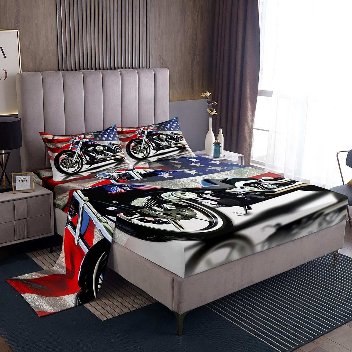 Erosebridal American Flag Bed Sheets Full Size Black and White Fitted Sheet Fourth of July Independence Day Theme Decor USA Sheet Set Retro Blue Stars and Stripes USA Flag Bed Cover