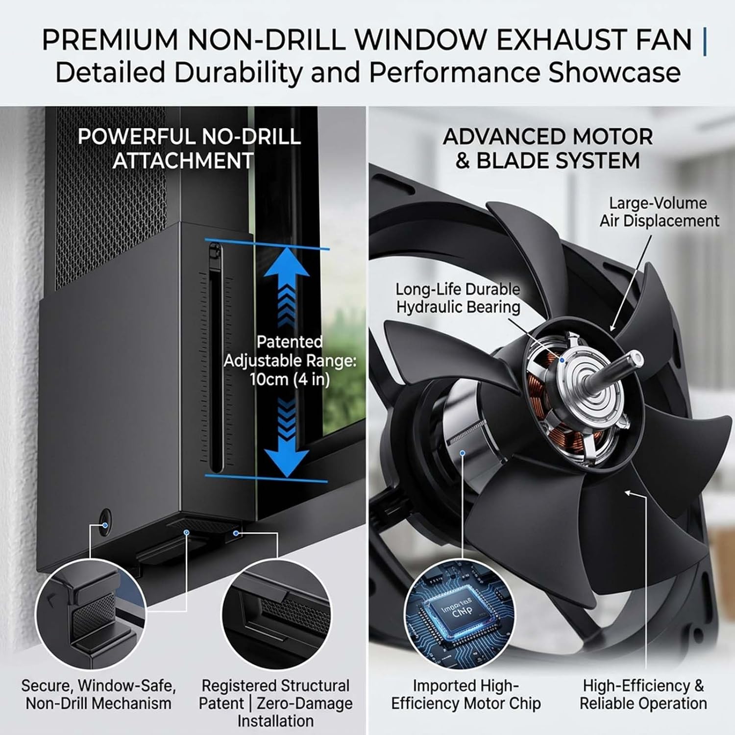 Window Vent Fan for Sliding Windows, Stepless Speed Vertical Window Exhaust Fan, 10cm Retractable No Drill Black Cooling Fan for Home Pet Rooms, Smokers Area & Kitchen(15.35-19.29in)