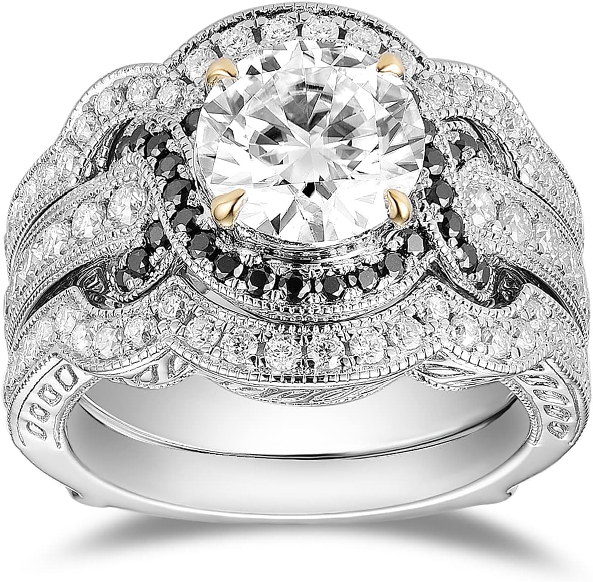 DovEggs 2 Center 8mm G-H-I Color Cut Moissanite Halo Black Moissanite Engagement Ring 14K Gold QUALITY Silver Curved Enhancer Guard Wedding Ring Bridal Set for Women