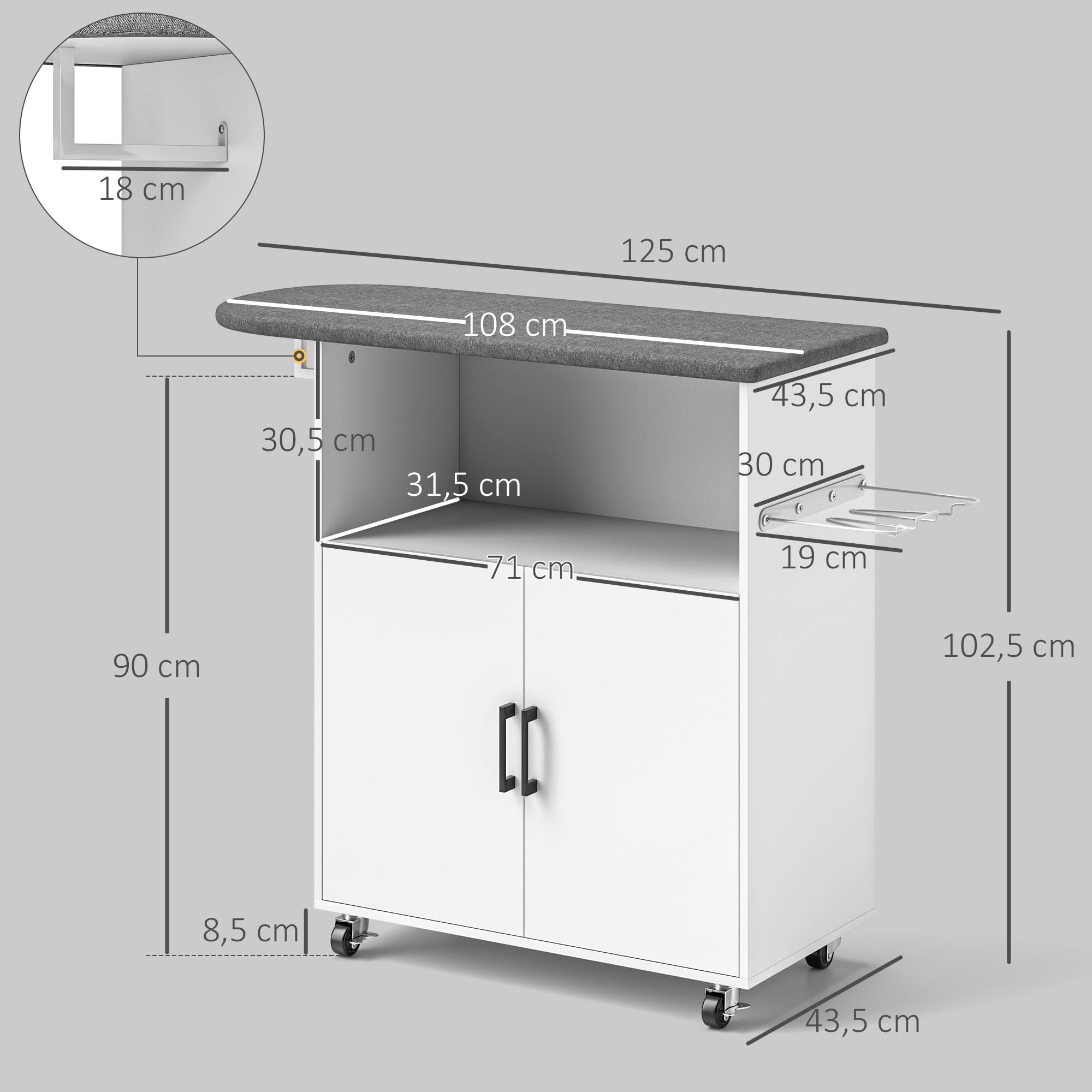 HOMCOM Armoire à repasser sur roulettes - Planche à repasser avec support de suspension - Tablette ouverte et planche à repasser - 125 x 43,5 x 102,5 cm - Blanc
