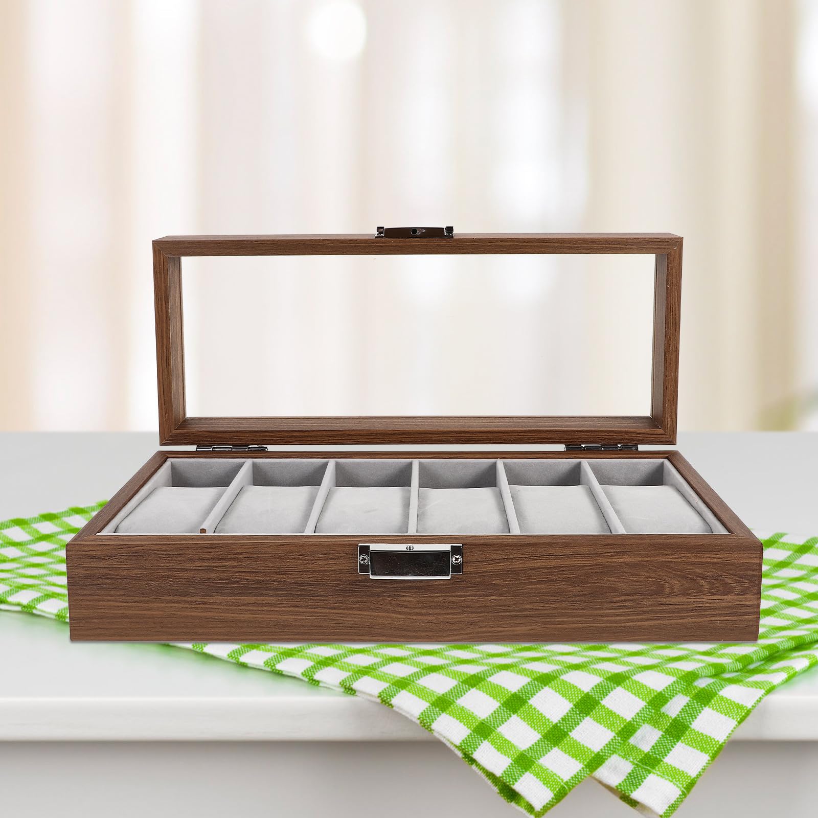 Caja de Exhibición para Relojes de 6 Ranuras en Madera | Tapa Transparente, Acabado Veteado Tipo Nogal, para Hogar o Joyería, Organiza y Protege Piezas