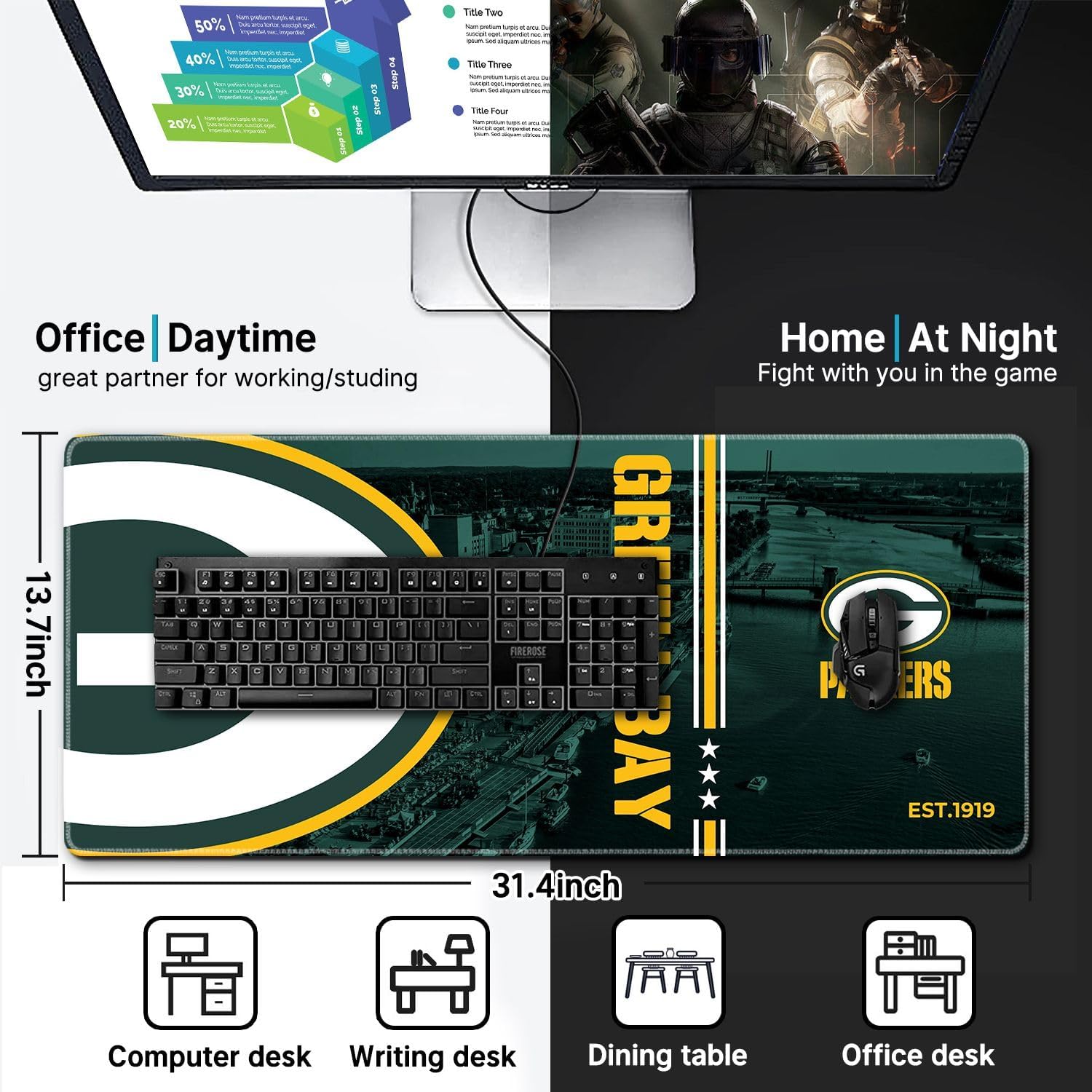 Large Stitched Edges Gaming Mouse Pad,31.5 X 13.8 Inch Mousepad for Laptop Computer Desktop Keyboard,City Design Mat for Football Fans - Green