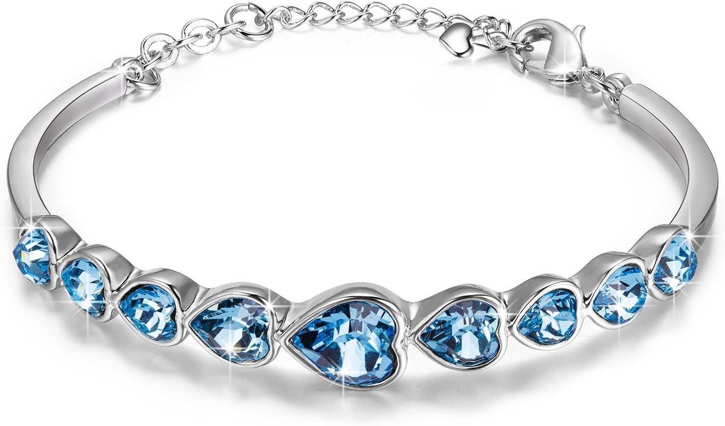White Gold Plated Heart Shape Bracelet Made with Blue Swarovski Elements Crystal