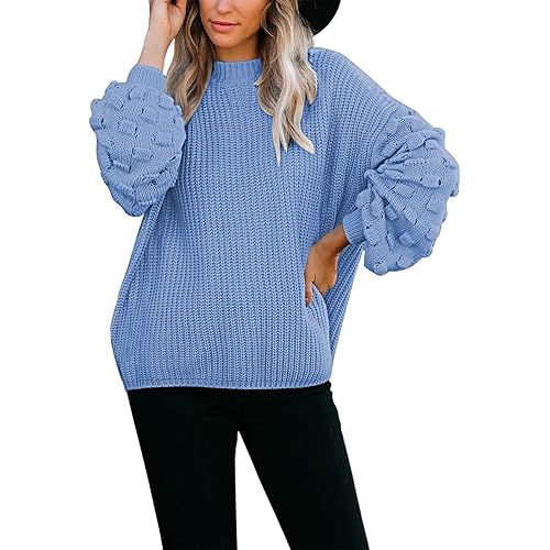 Sovoyontee Women's Cute Oversized Crewneck Loose Puff Sleeves Chunky Knit Pullover Sweater