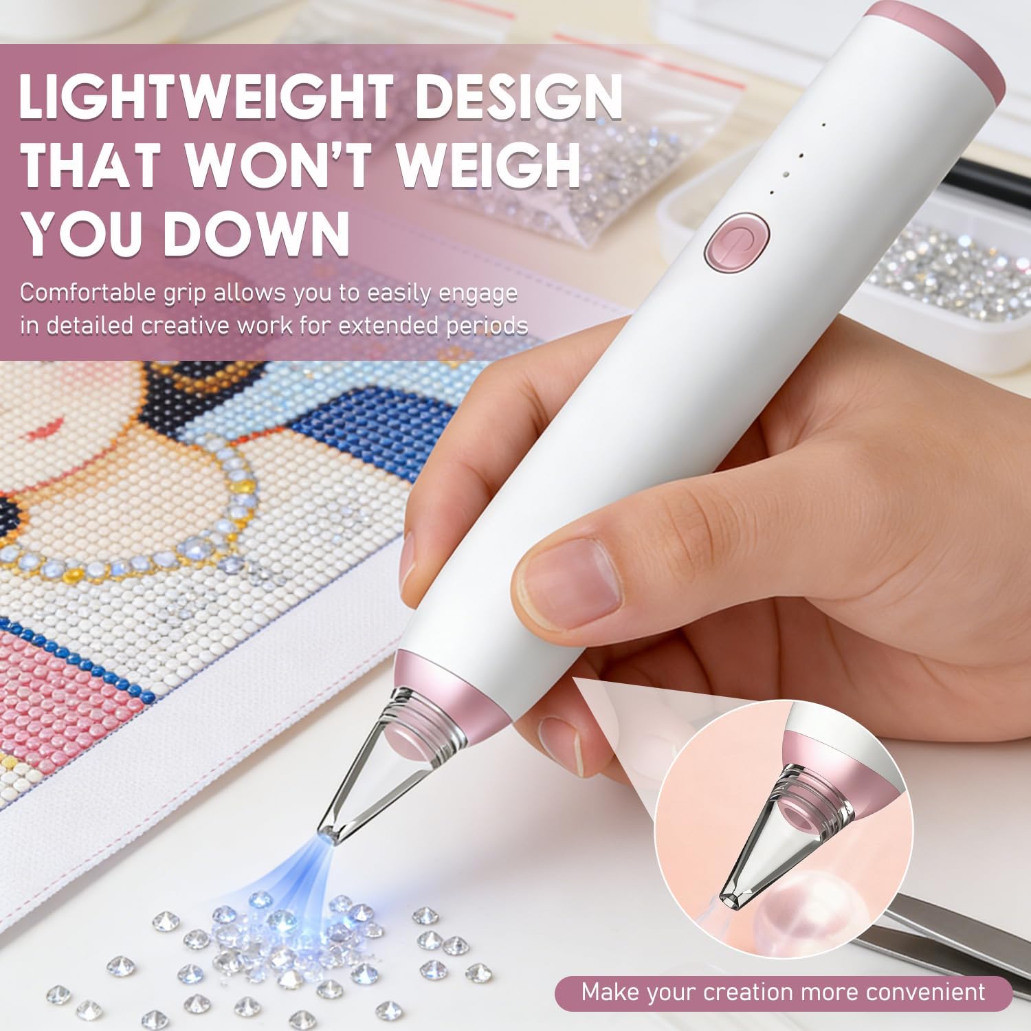 Electric Diamond Painting Pen, Cordless Vacuum Diamond Art Pen Low-Noise, No Wax Needed, Portable Rechargeable Diamond Art Accessories Pens with Extra Tips, 3-Speed Adjustable