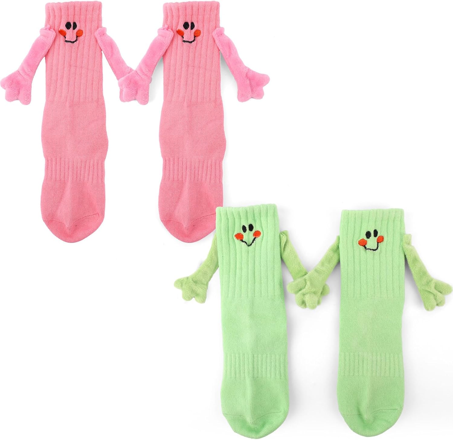 XIHIRCD 2 Pairs Hand Holding Socks for Kids, Funny Magnetic Mid-Tube Socks Smile Face Stockings Embroidered Friendship Stockings for 3-5 Years Old Toddler (Green & Pink)