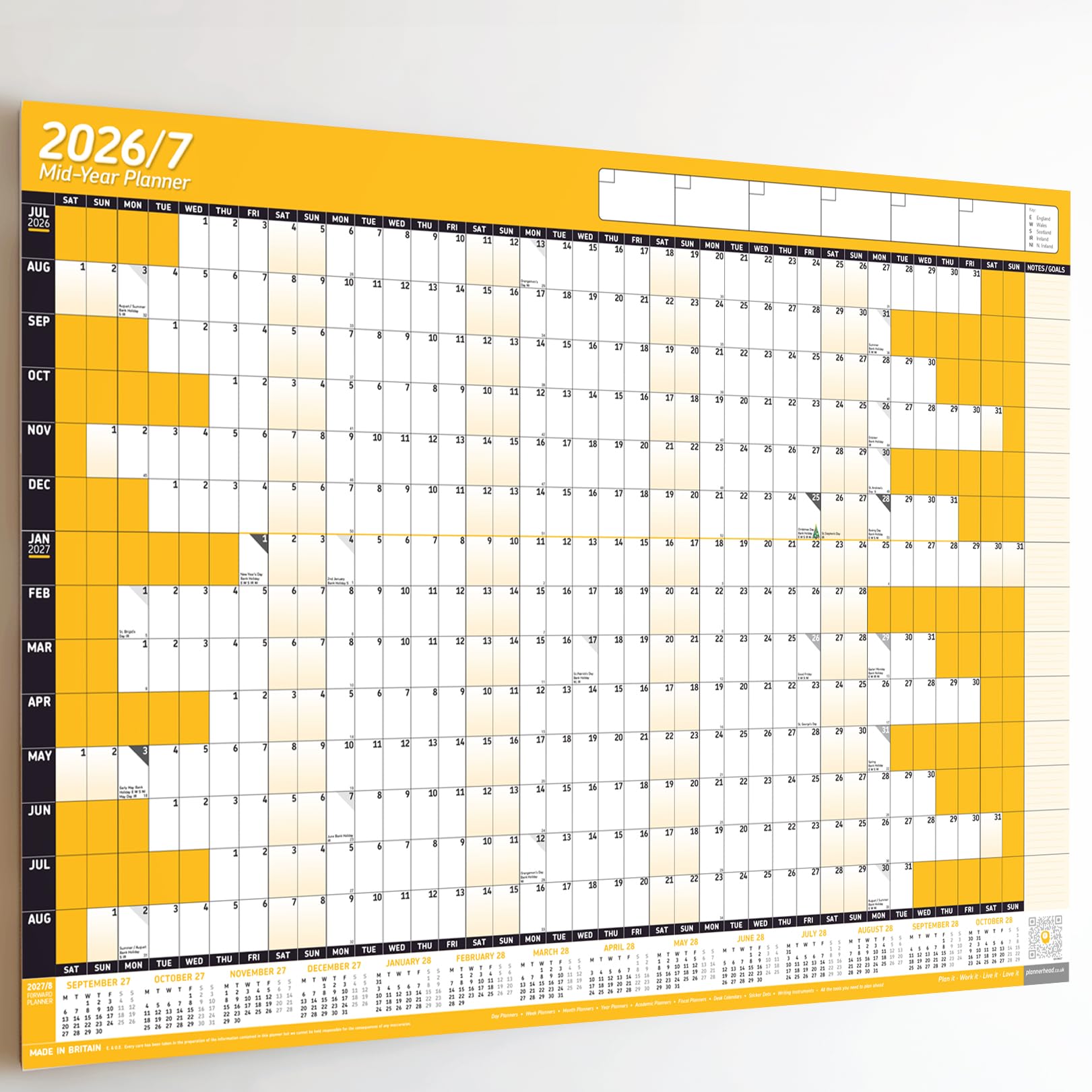 PlannerHead 2026/27 Academic Wall Planner/July 2026-August 2027 Calendar UK/Unmounted Unlaminated Year Planner Poster/Orange A1+ 62cm x 88cm (Rolled)