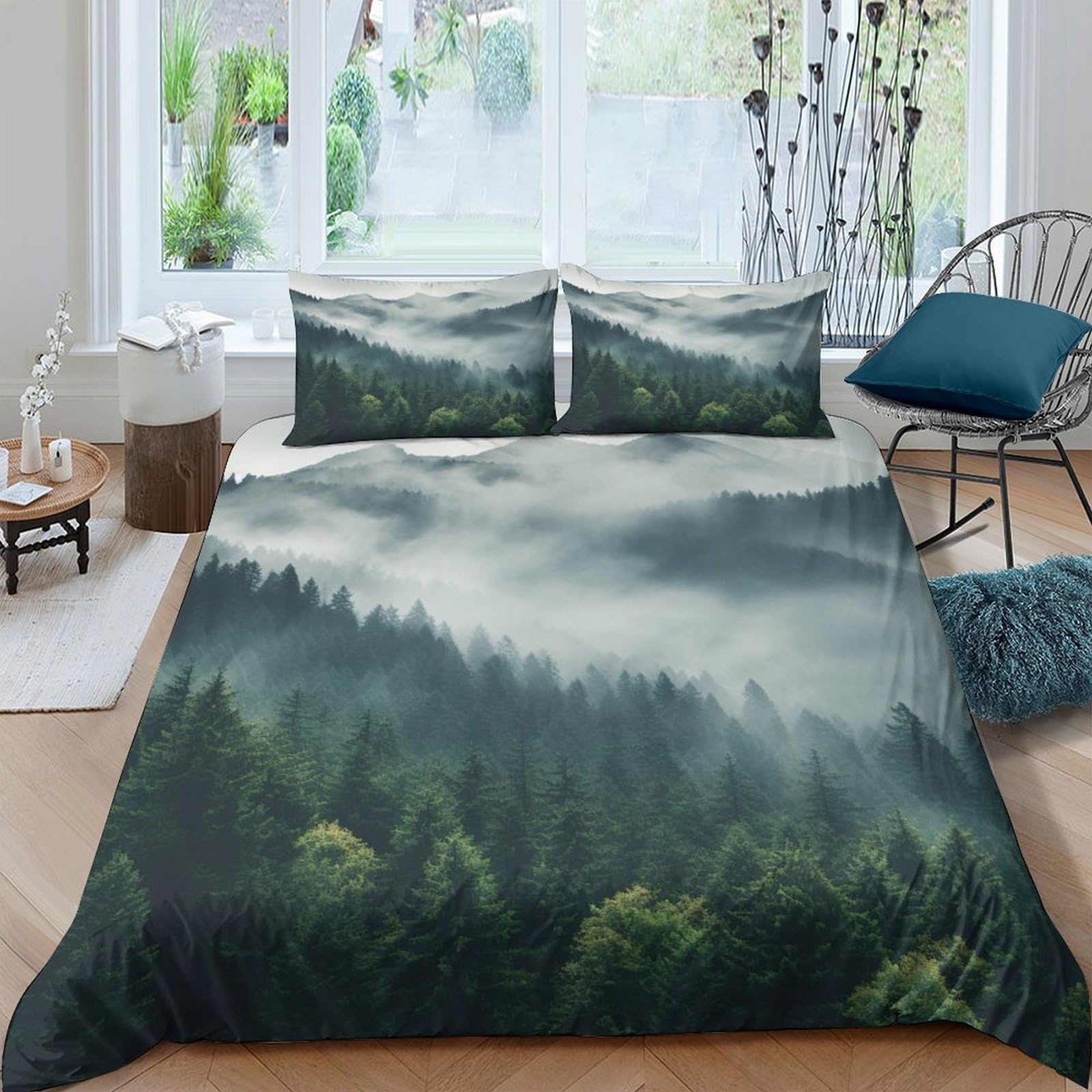 TUFRTGYHN 3D Printed Misty Forest Duvet Cover Microfiber Soft Breathable Mountain Landscape Bedding Set with 2 Pillowcases for Bedroom Decor Single（135x200cm）