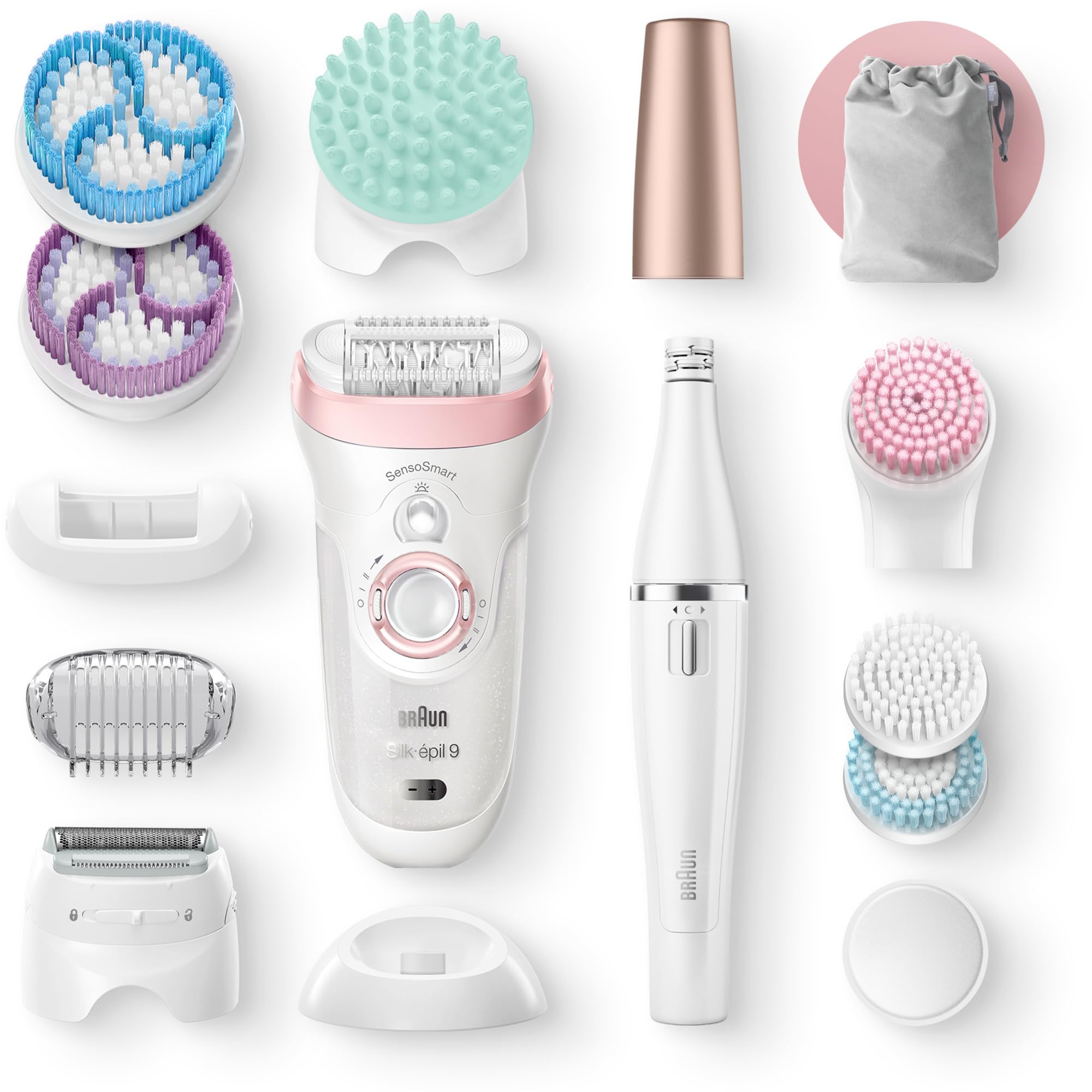 Braun Silk-épil 9 Kit Depiladora Eléctrica Mujer, 9-995 Deluxe 9 en 1, Depilación inalámbrica en seco y húmedo, Depiladora, afeitadora, exfoliante, kit de limpieza facial y corporal, blanco/rosa