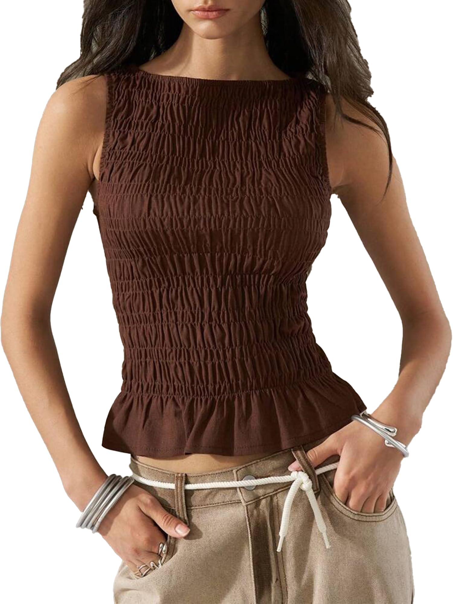 Sexy Outfit Camiseta sin Mangas con Cuello Barco y Dobladillo con Volantes para Mujer, Blusa de Verano Ajustada con Pliegues para Uso Diario Informal