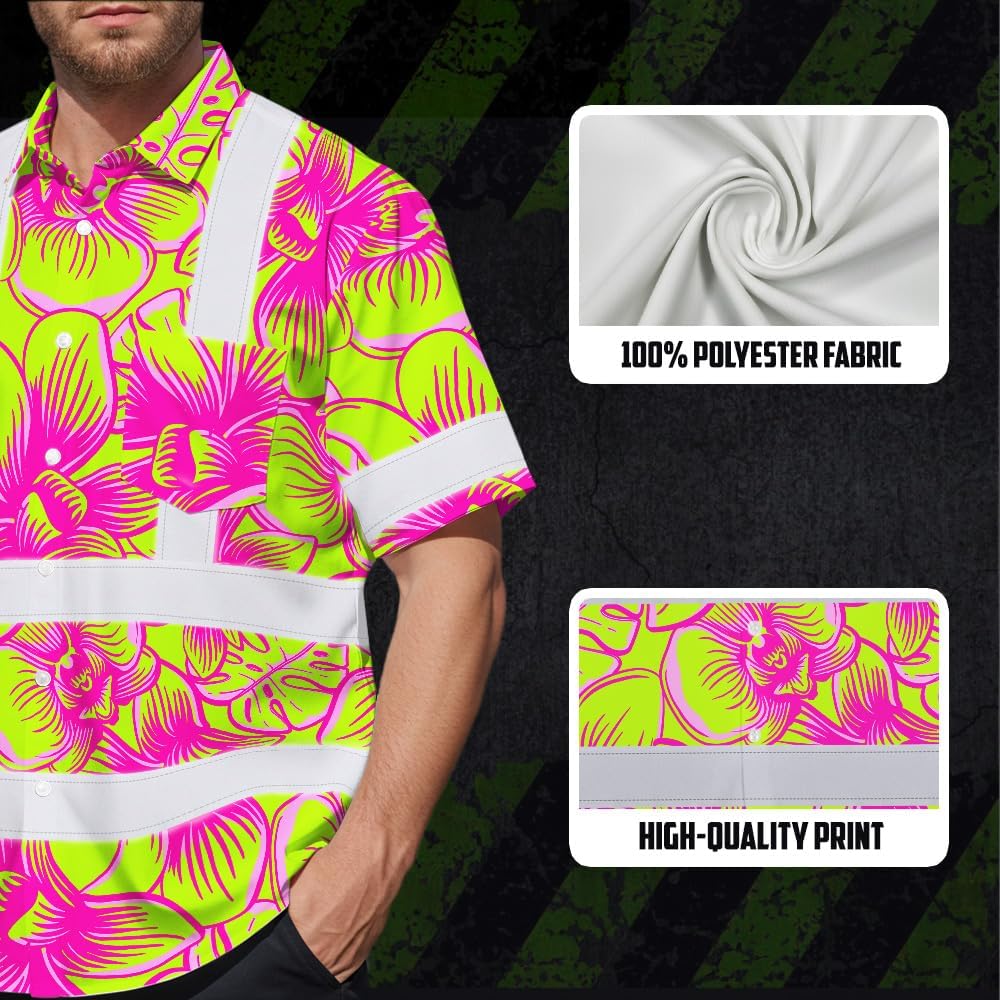 High Visibility Hawaiian Shirt for Men Tropical Shirts Custom Name Floral Reflective Safety Workwear