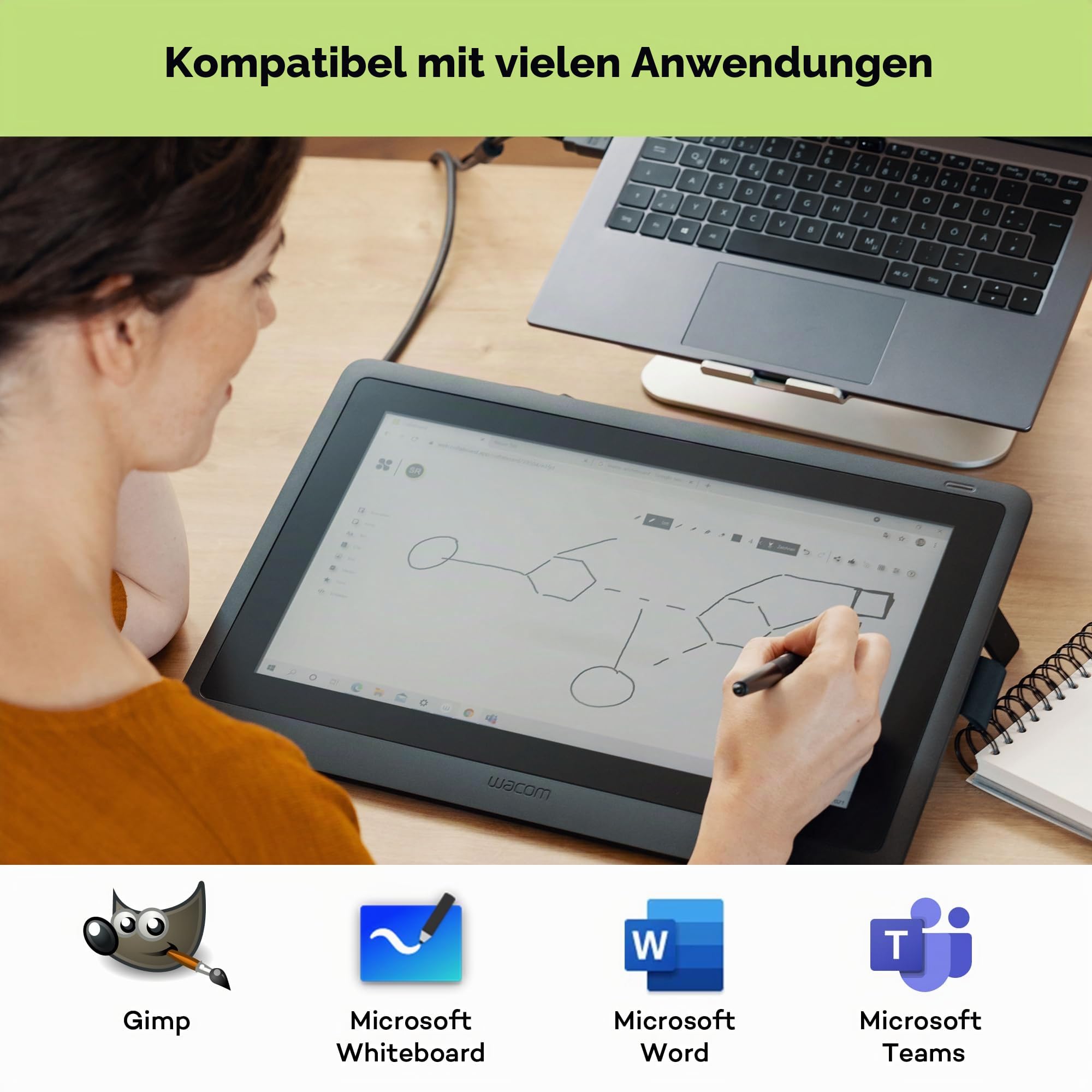 Wacom One Creative Pen Display mit Gratissoftware (zum Skizzieren, Zeichnen auf dem Bildschirm, 13,3 Zoll Full HD (1.920 x 1.080), Stiftpräzision) - Ideal für Home-Office & E-Learning, schwarz