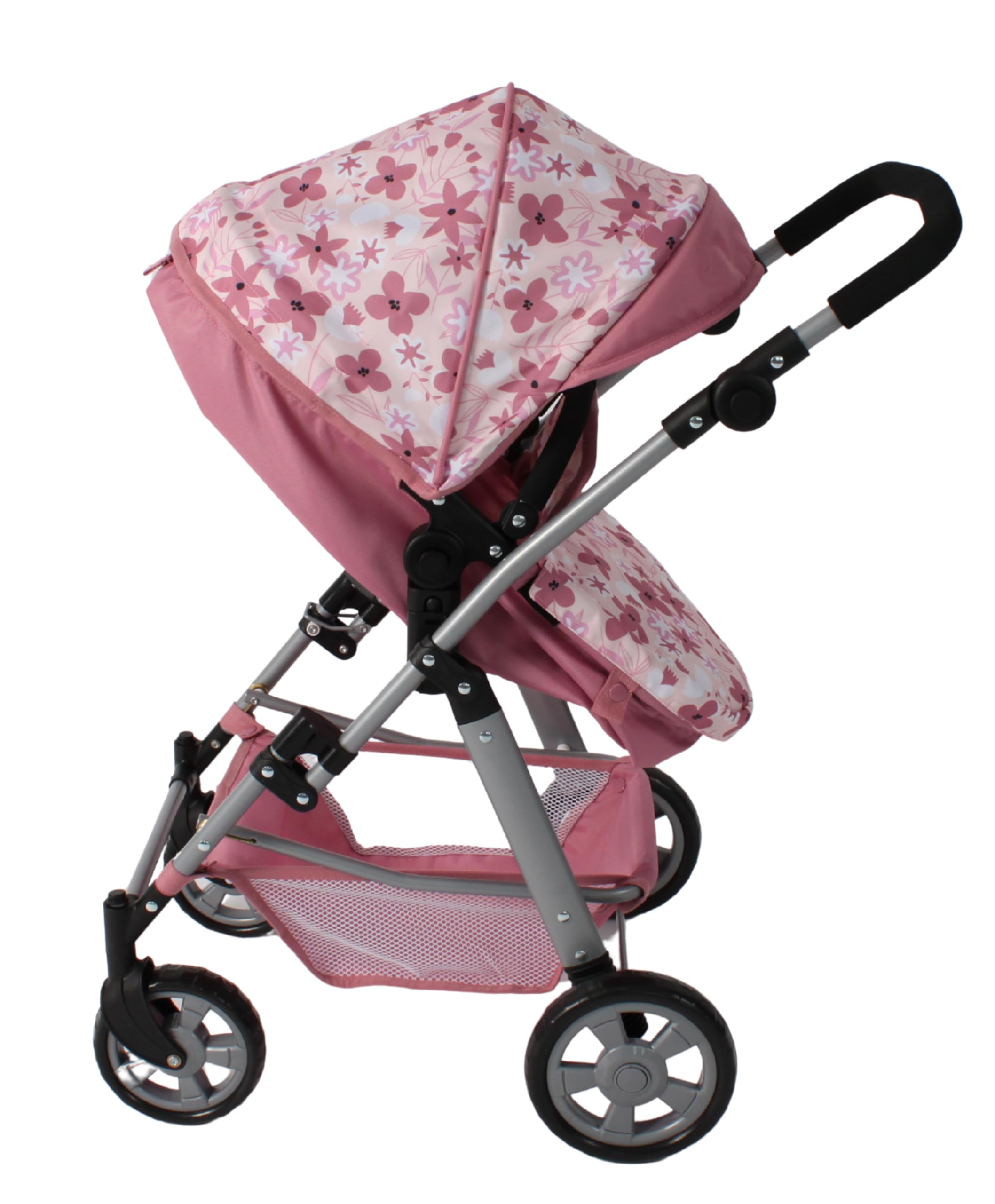Bayer Chic 2000 Puppenwagen Nele | 2in1 Kombi-Buggy Flowers Rosa | Großer 2in1 Kombi-Puppenwagen mit umwandelbarer Wanne für Puppen bis 50 cm. Flowers Rosa, extra hoher Griff 45-84 cm.