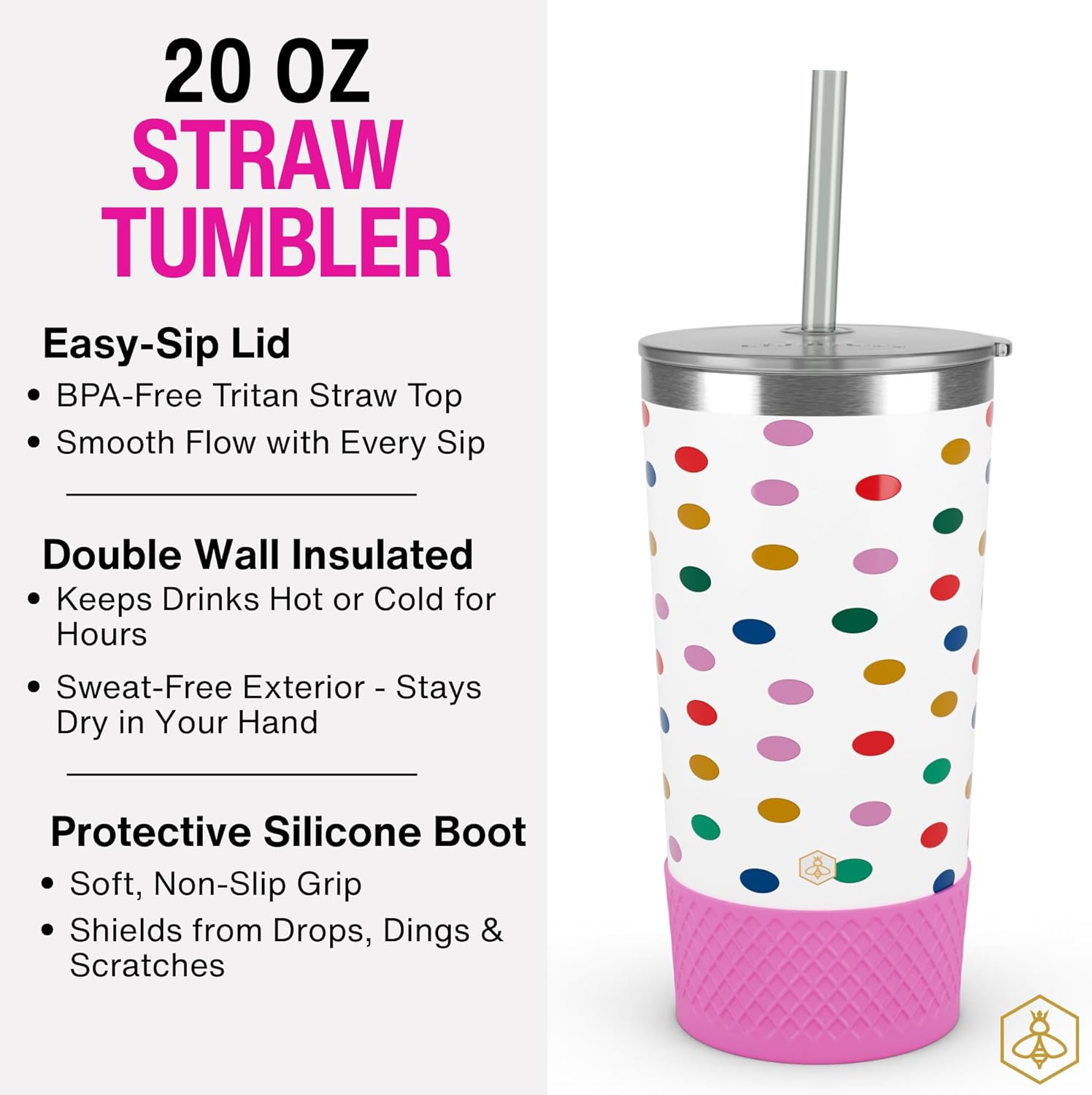 Biddlebee 20oz Insulated Tumbler with Straw and Slider Lids | Cute Stainless Steel Coffee Cup and Water Bottle with Silicone Boot | Gift for Women, Mom or Best Friend | Travel Mug Hot Cold