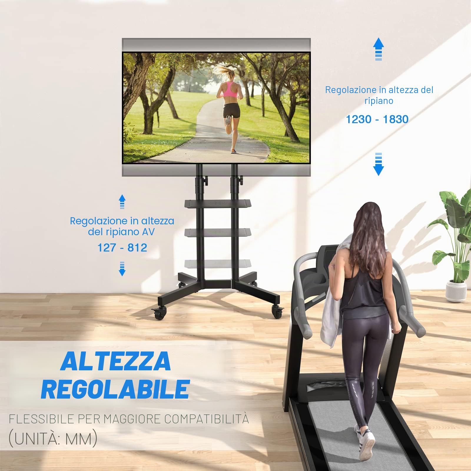 RFIVER Carrello Porta TV con Ruote, Supporto da Pavimento per Schermo LCD/LED/Plasma da 32-80 Pollici, Mobile a Rotelle Regolabile in Altezza, Max VESA 600 x 400 mm, 50 kg