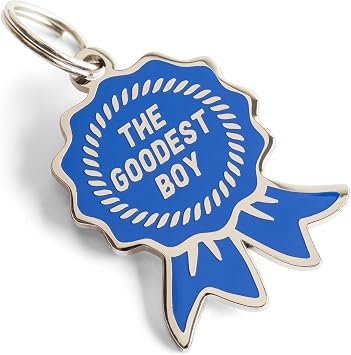 The Goodest Boy Pet ID Tag, Enamel Blue Award Ribbon Dog Tag for Dogs Personalized. Includes Your Laser Enrgaved Custom Text.