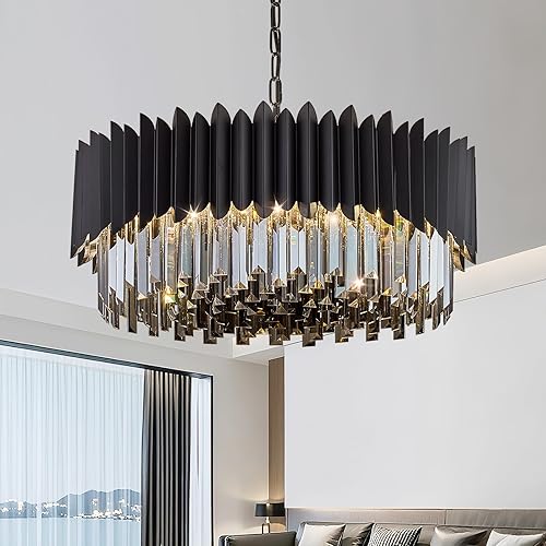 Miniatura 7 de Candelabro de cristal negro de 23.62 pulgadas K9 redondo con luces colgantes ajustables de 5 niveles, gran lámpara de cristal moderna para comedor,
