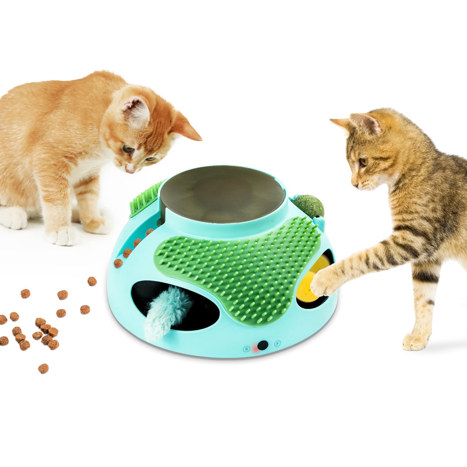 Baeruuss 5 in 1 Interactive Cat Gifts - Automatic Kitten Toys with Plush Toy Bell Ball Massage Brush Food Dispenser & Catnip Ball for Indoor Cats