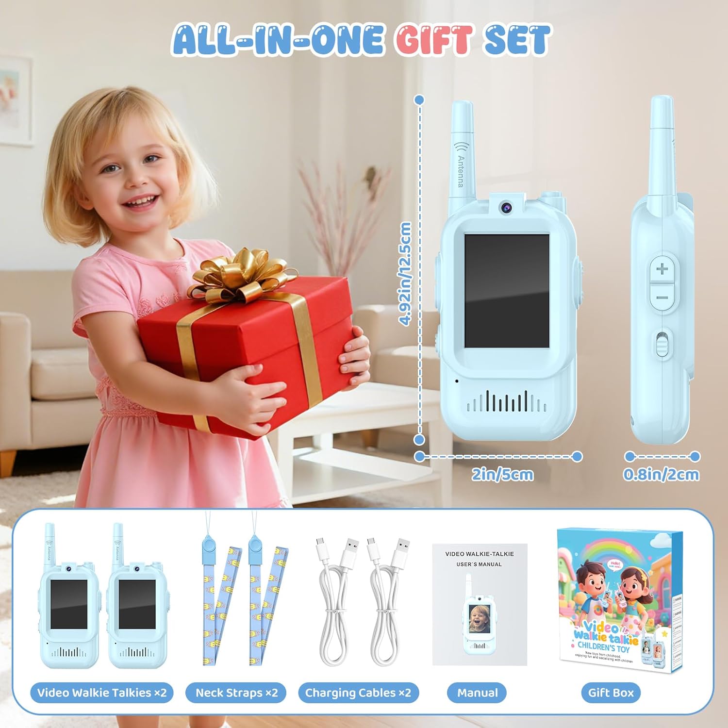 Kids Video Walkie Talkie, 2 Pack Rechargeable Walkie Talkie with Screen Camera, Long Range Facetime Chat, Toys for 3-12 Boys Girls, Birthday Easter Toddler Gifts, Indoor Outdoor Camping Toys