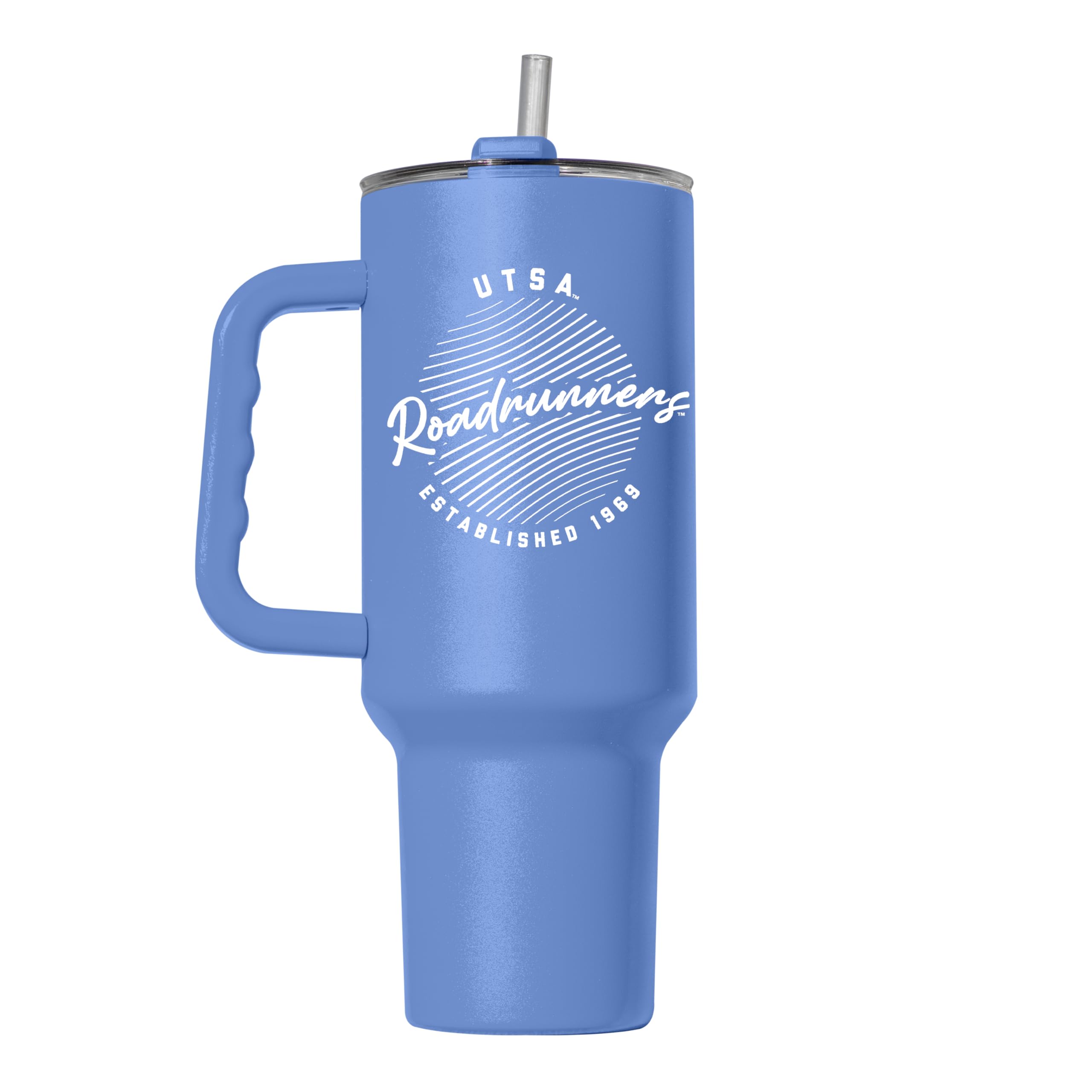 Logo Brands NCAA UTSA Roadrunners Retro Script Arctic 40 oz Tumbler with Handle - Stylish Everyday Use Powder Coated-Stainless Steel with Straw- Keeps Cold For Hours