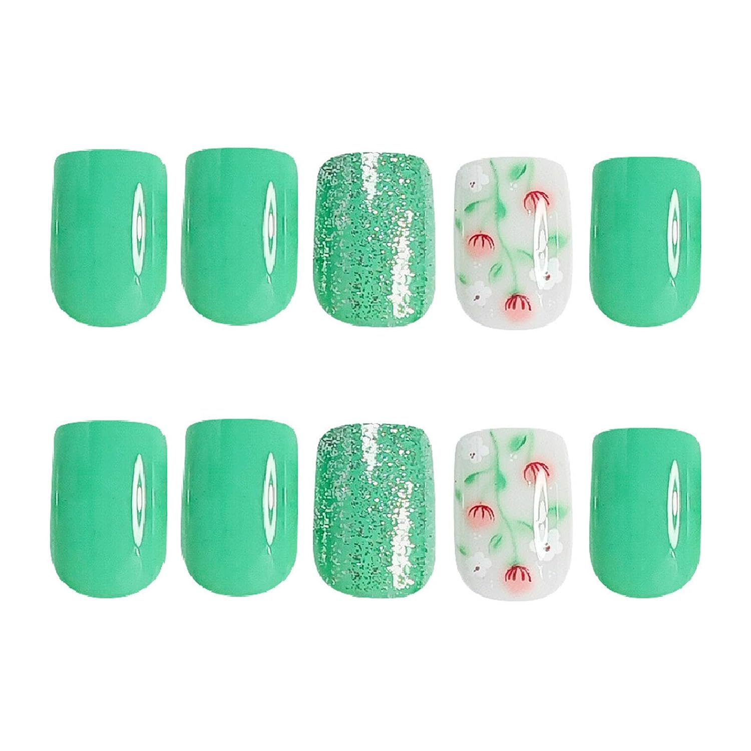 Short Press on Nails Square Fake Nails Pink White Flower Silver Glitter Designs Glossy Nails Press ons Green Full Cover Summer Acrylic Artificial Stick on Nails for Women 24Pcs