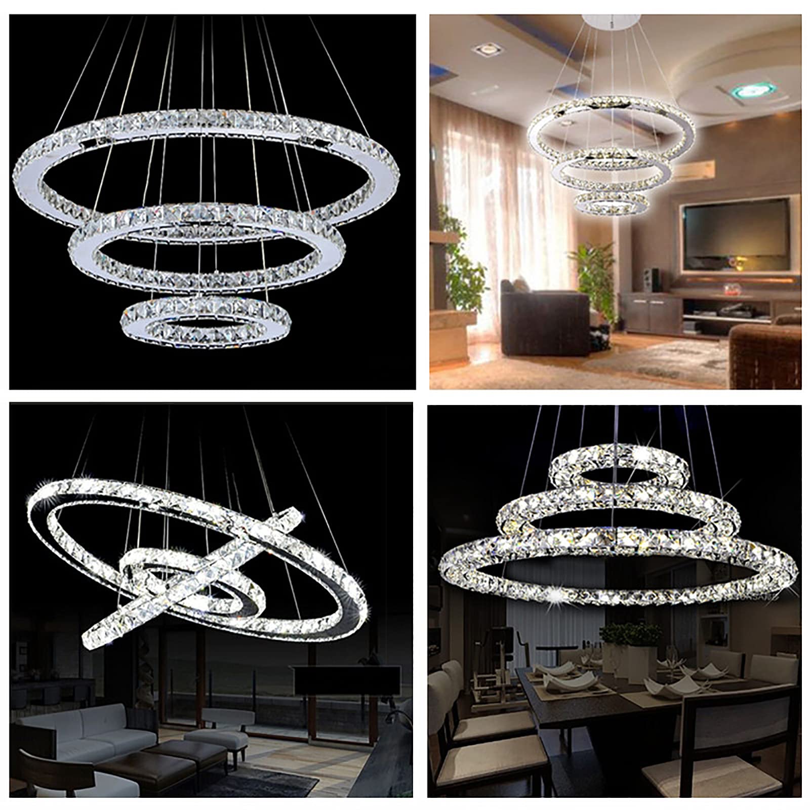 YRHome 96 W LED Cristallo Design Lampada da Soffitto a Sospensione Dimmerabile Regolabile in Altezza - Lampadario Moderno Tre Anelli per Sala da Pranzo e Soggiorno