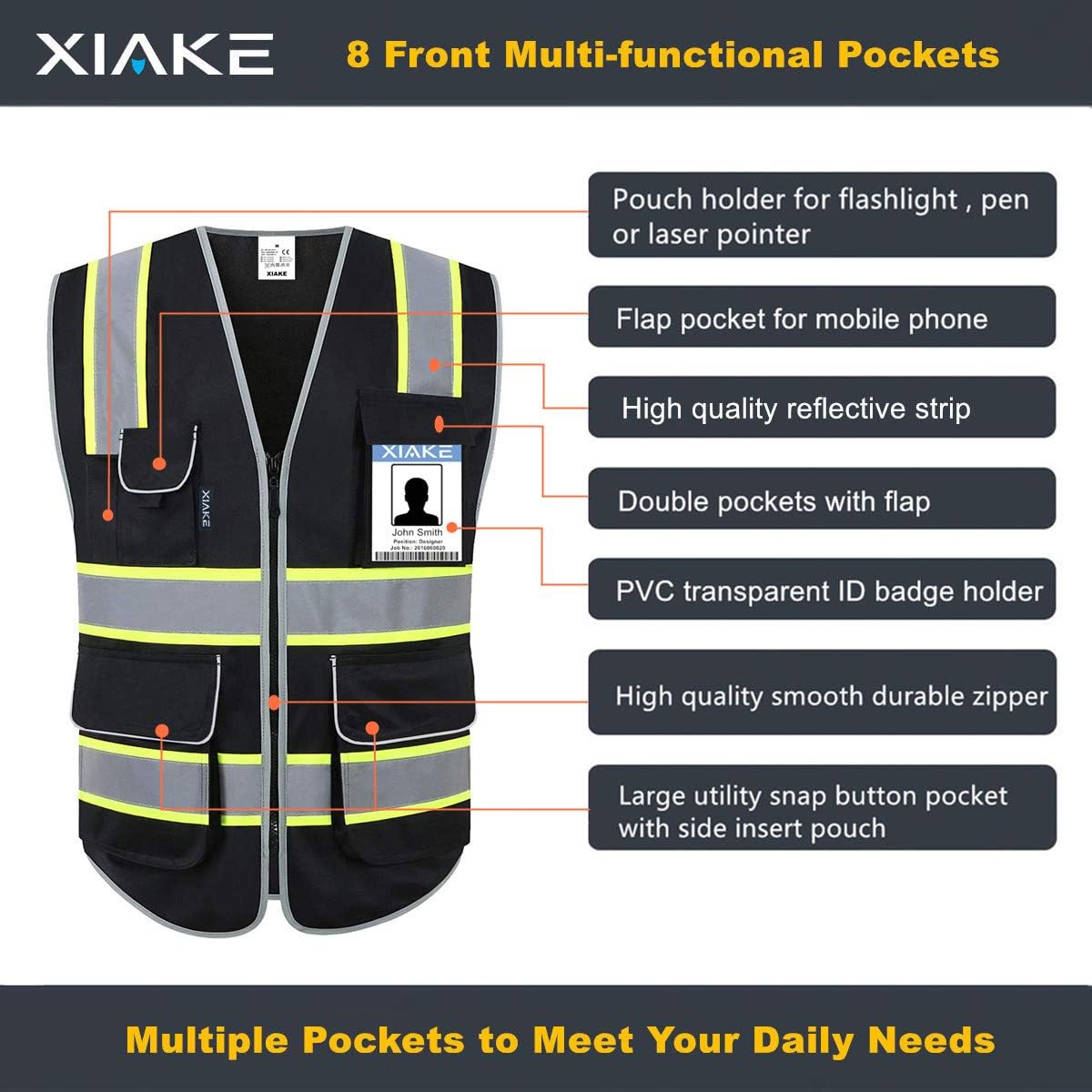 XIAKE 8 Pockets High Visibility Safety Vest Black with 2 Inch Dual Tone