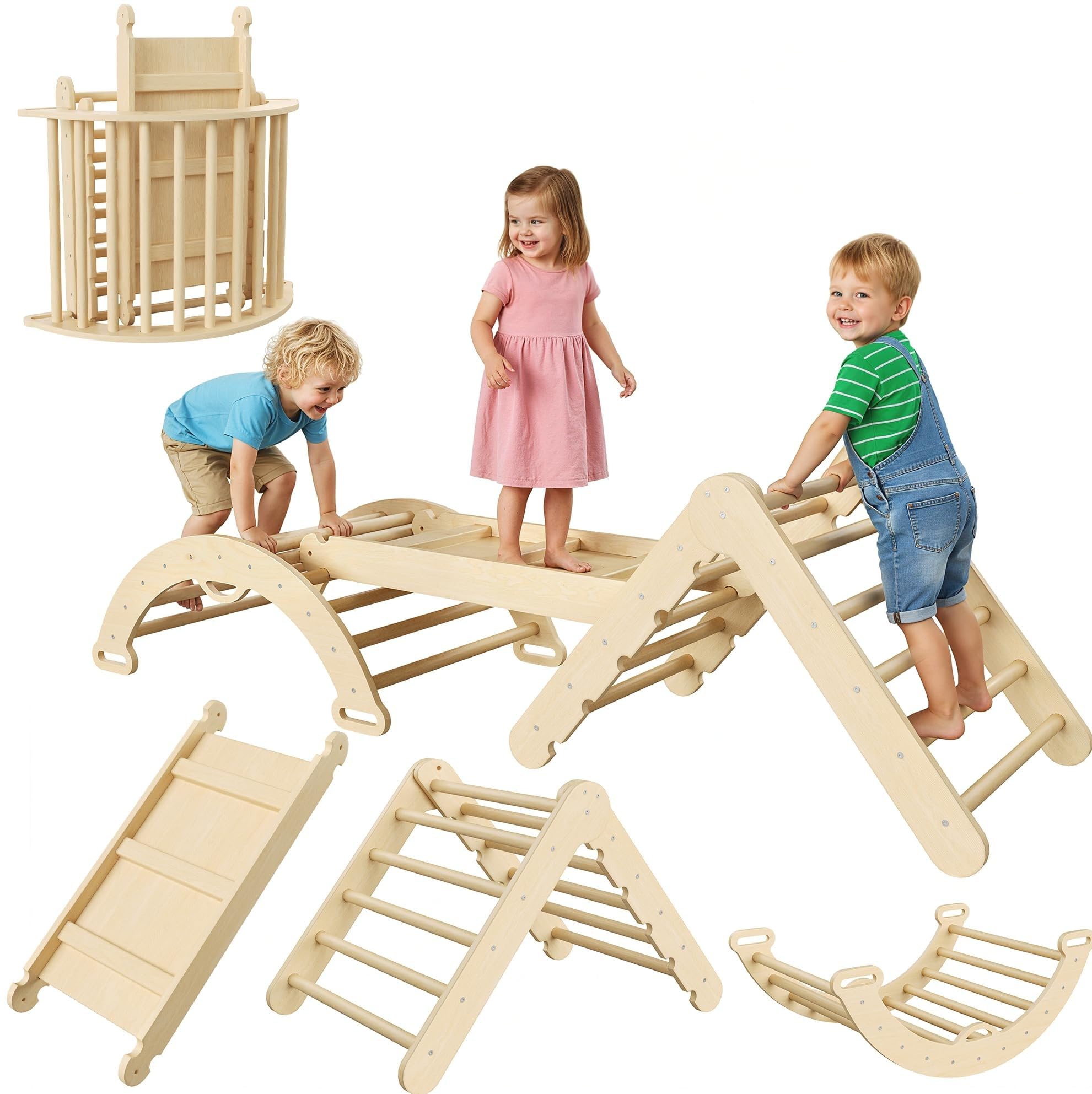 GarveeHome 7-in-1 Montessori Kletterdreieck Set Mit Rutsche, Kletterbogen | & Leiter, Holz Klettergerüst Für Babys & Kleinkinder Ab 1–3 Jahre, Indoor Spielgerät, Faltbar & Sicher