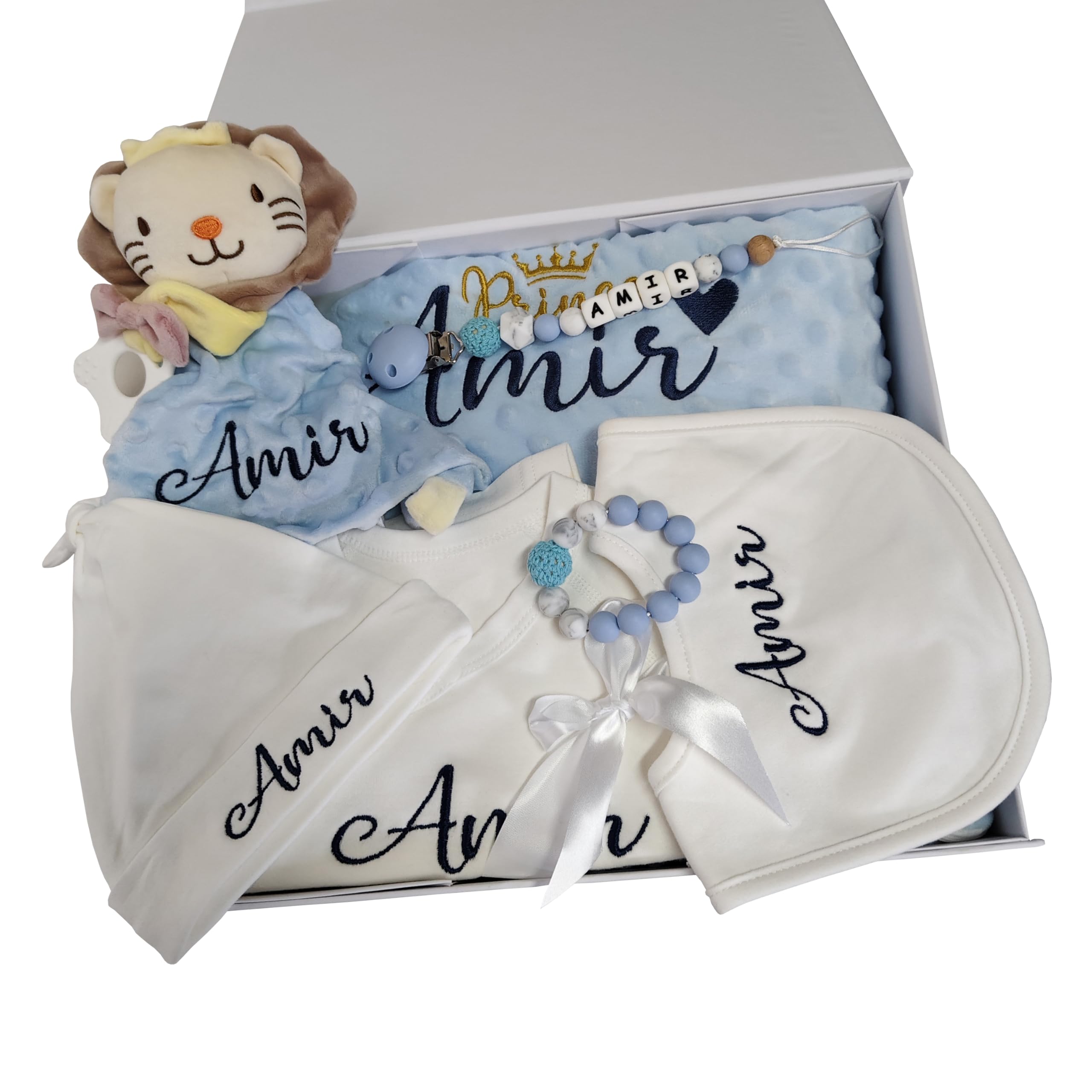 Custom Newborn Baby Gift Sets, Personalized Baby Shower Gifts Essential Stuff for Newborn Boy, Customized Embroidered Baby Blanket Onesie Hat Beanie Security Blanket with Name