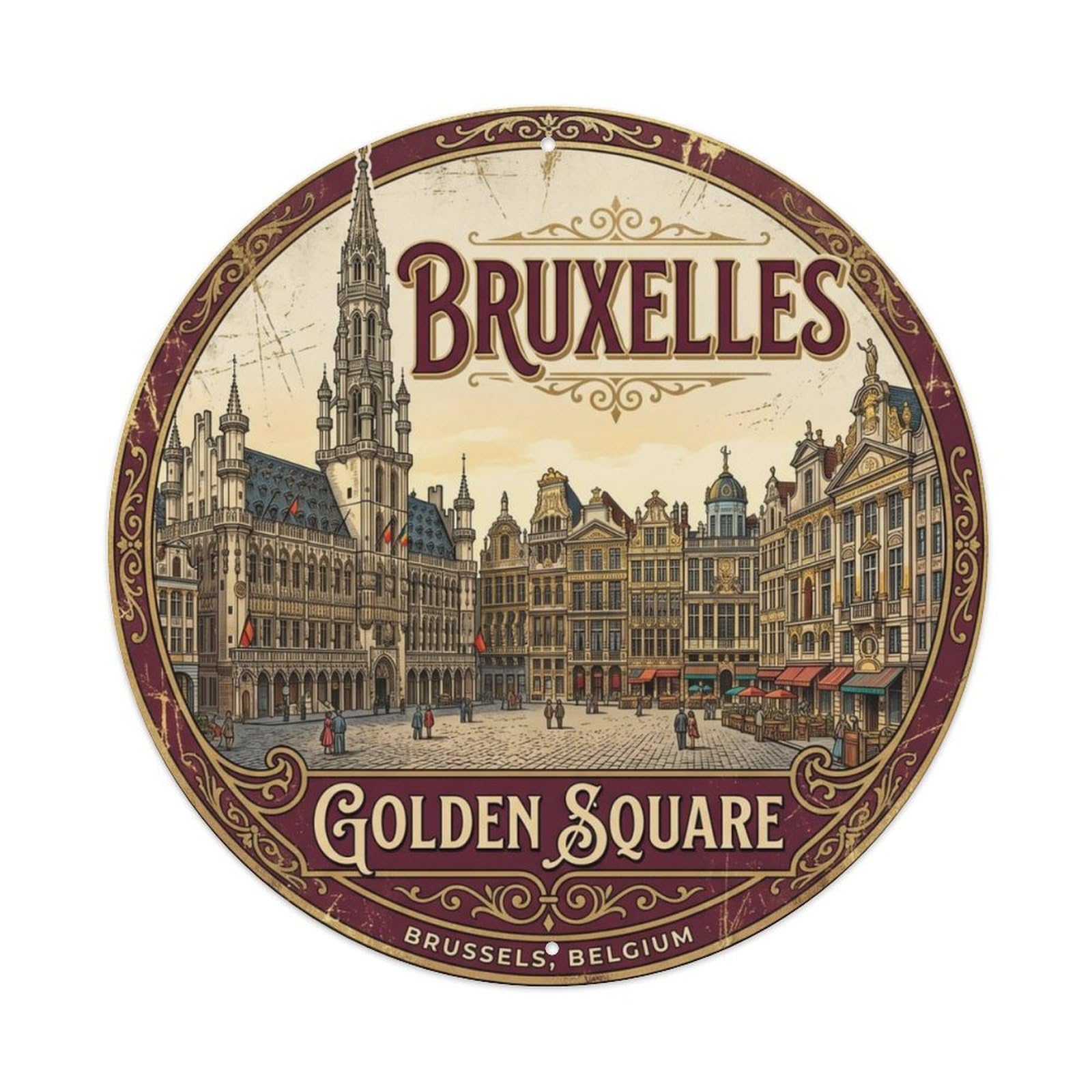 Vintage Travel Brussels Grand Place Metal Tin Sign Plaque Wall Decor for Cafe, Club, Garden Round Metal Poster 8x8Inch