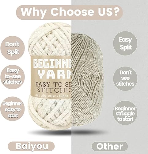 Miniatura 2 de Hilo blanco marfil para principiantes, 3 x 1.76 oz, hilo blanco marfil de 260 yardas para tejer a ganchillo, puntadas fáciles de ver, peinado medio