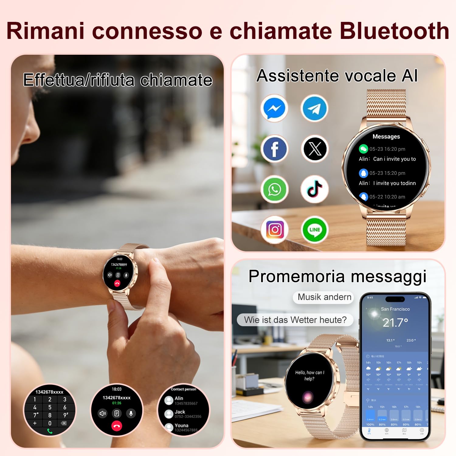 Smartwatch Donna Chiamate Bluetooth,3 Cinturini,1.27" 3D Curvo Schermo Orologio Donna Smartwatch,HR/Passi/Calorie/Pressione/Sonno Monitor,120 Sportiva IP68 per Android & iOS,Rosa oro