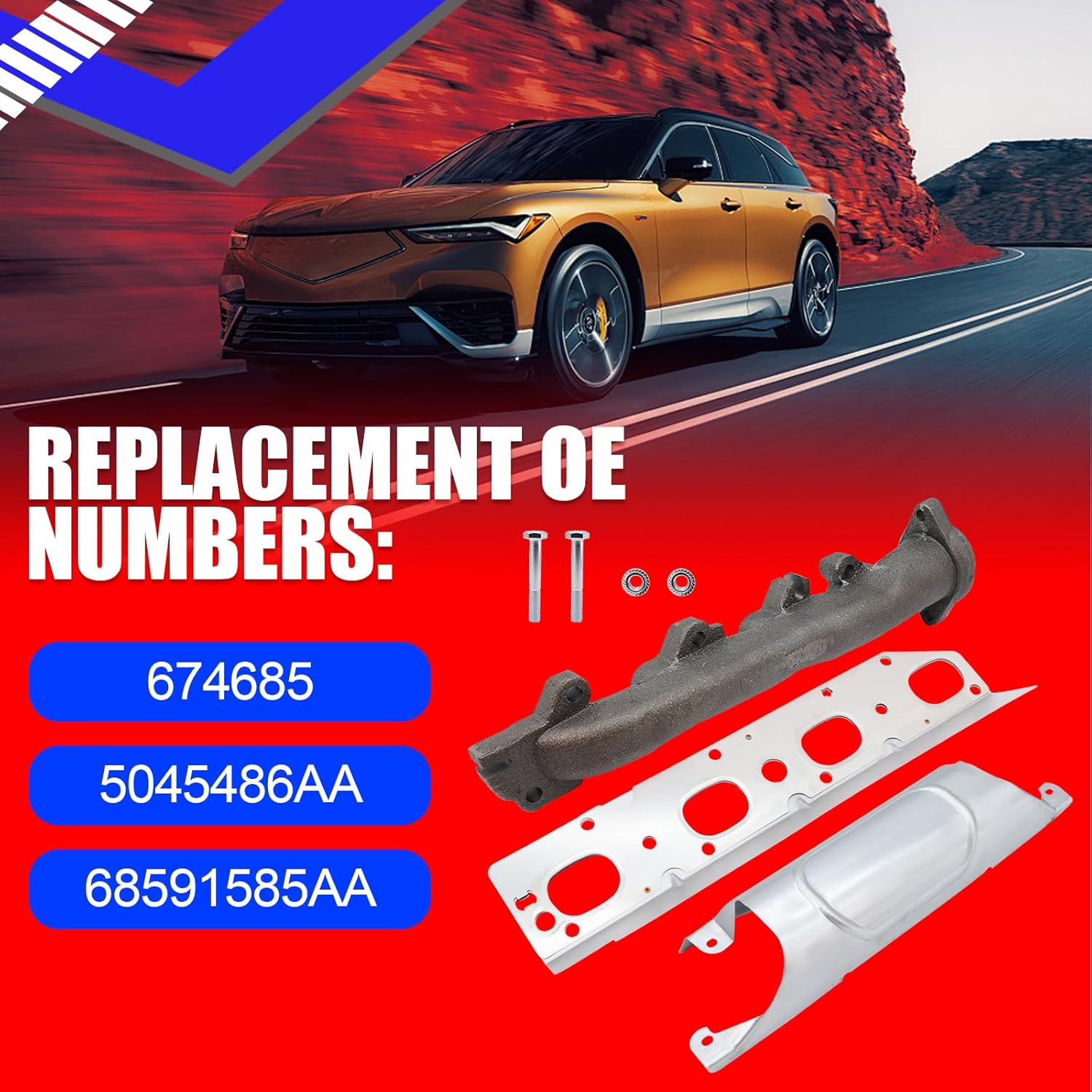 SMMS 674685 Exhaust Manifold With 1 Heat shield 1 Gasket 2 Bolts And 2 Nuts for Ram 1500 2013-2018, 2500 2014-2021, 3500 2013-2020, 1500 Classic 2019-2024 Replaces OE 5045486AA 68591585AA