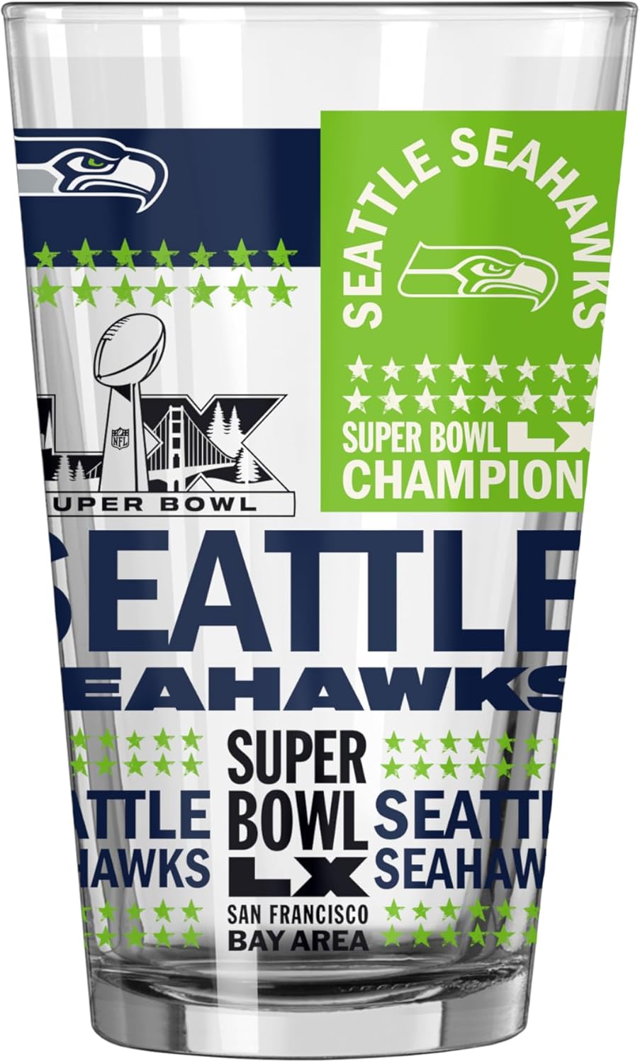 FANMATS NFL Seattle Seahawks Super Bowl 60 Champions 16 oz Pint Glass – Super Bowl 60 Champs Design, 16 Fluid Ounces, Glass