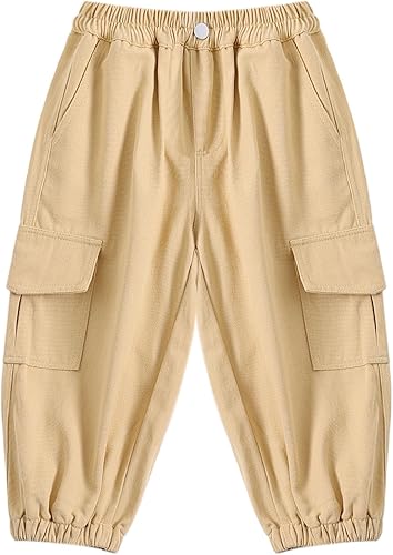 JWWN Little Boys Cargo Jogger Pants Kids Multi Pocket Twill Casual Trousers with